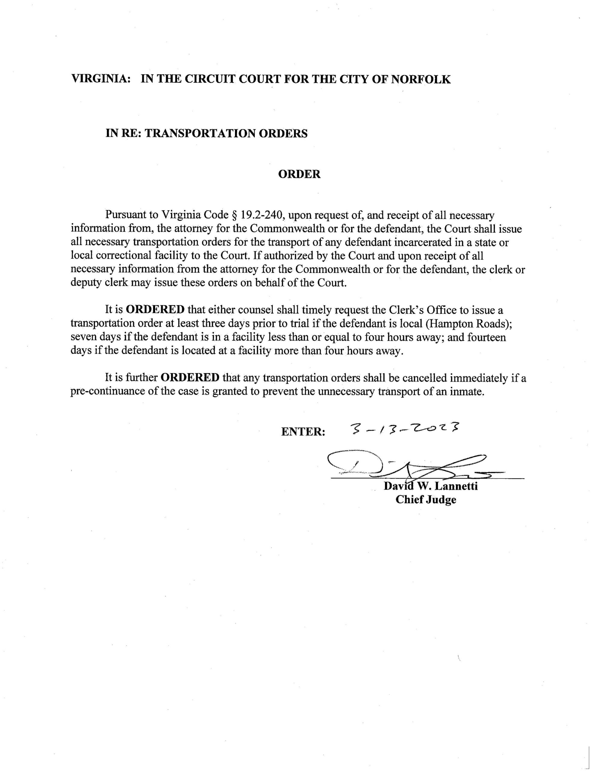 Order concerning Transportation Orders