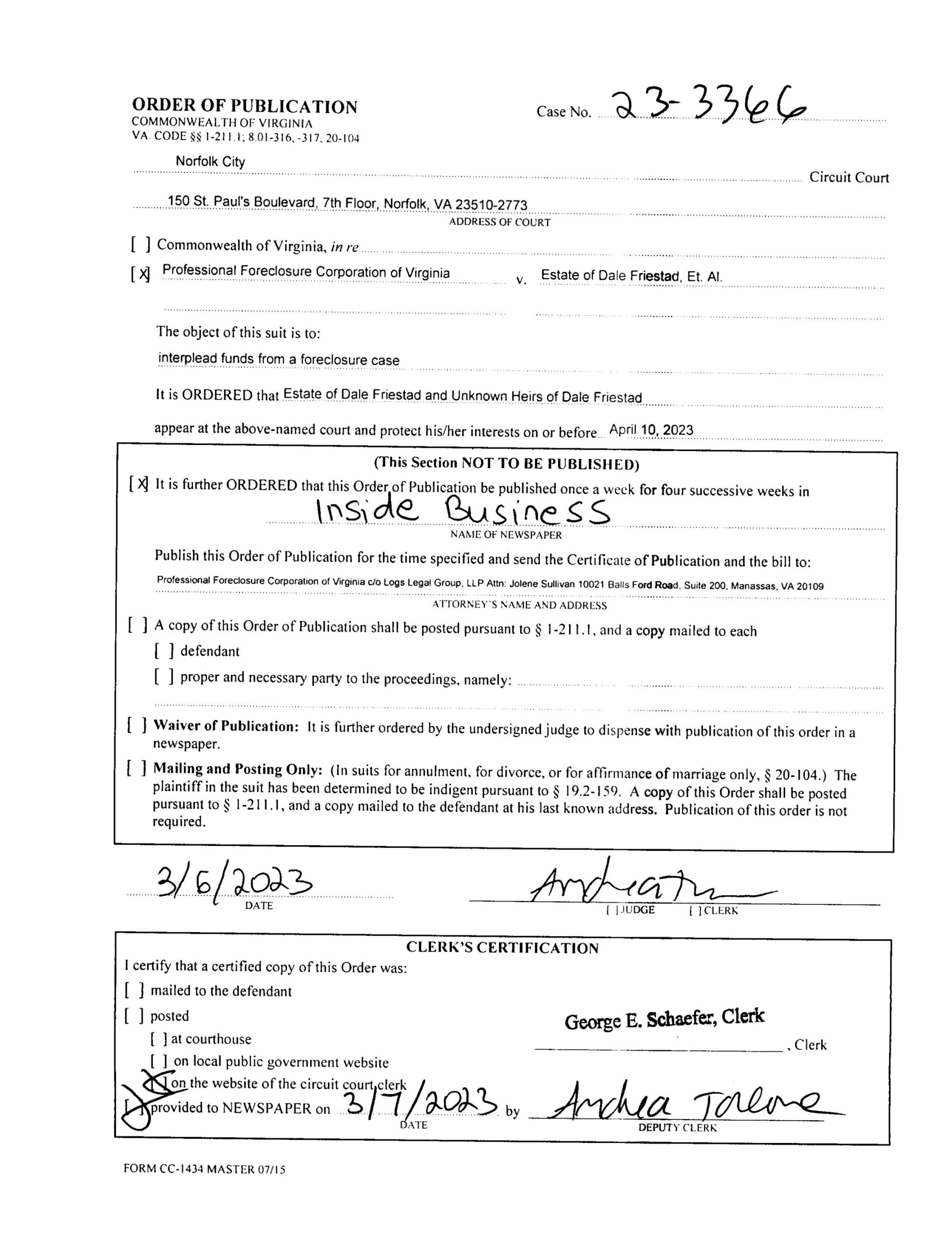 CL23-3366 ORDER OF PUBLICATION