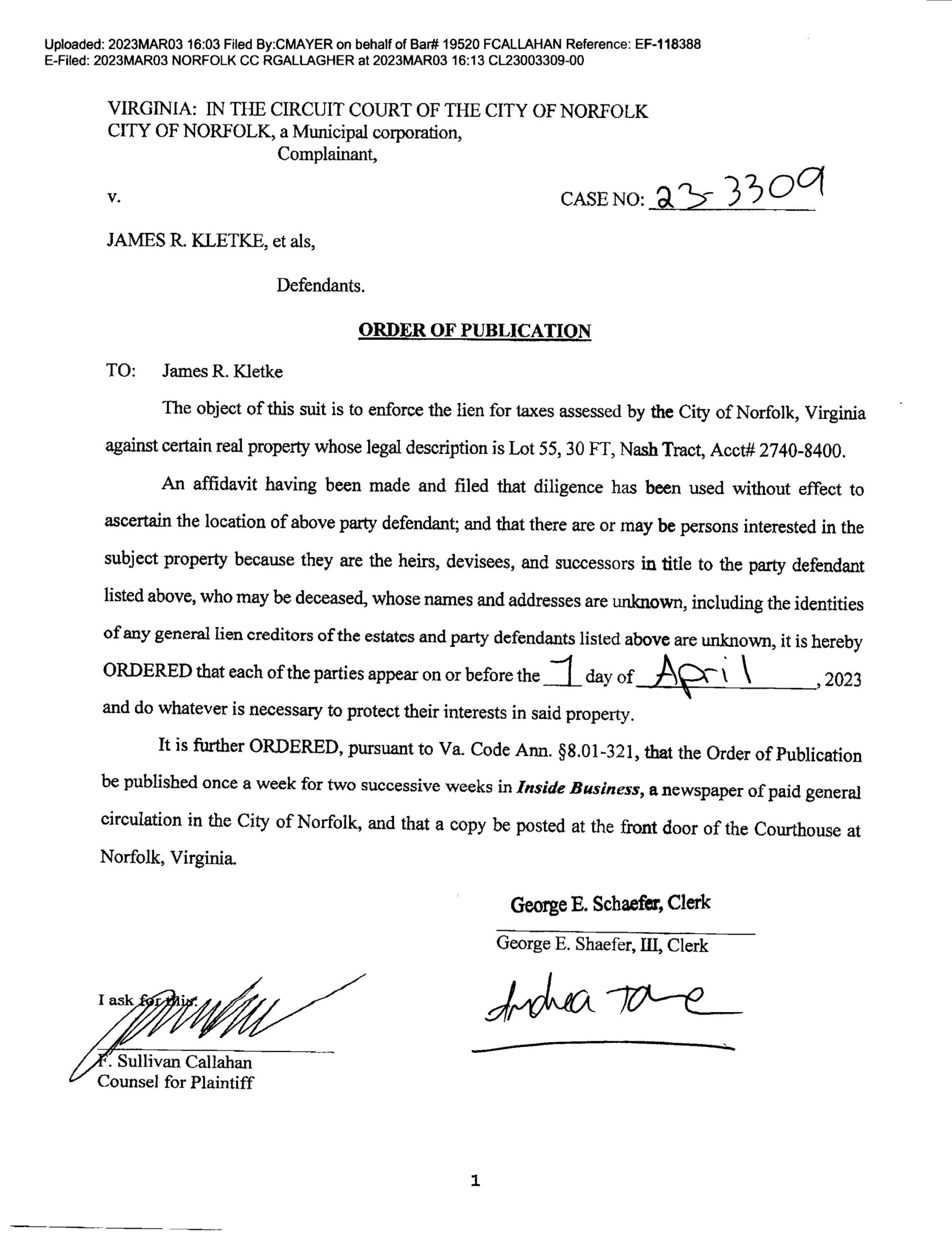 CL23-3309 ORDER OF PUBLICATION