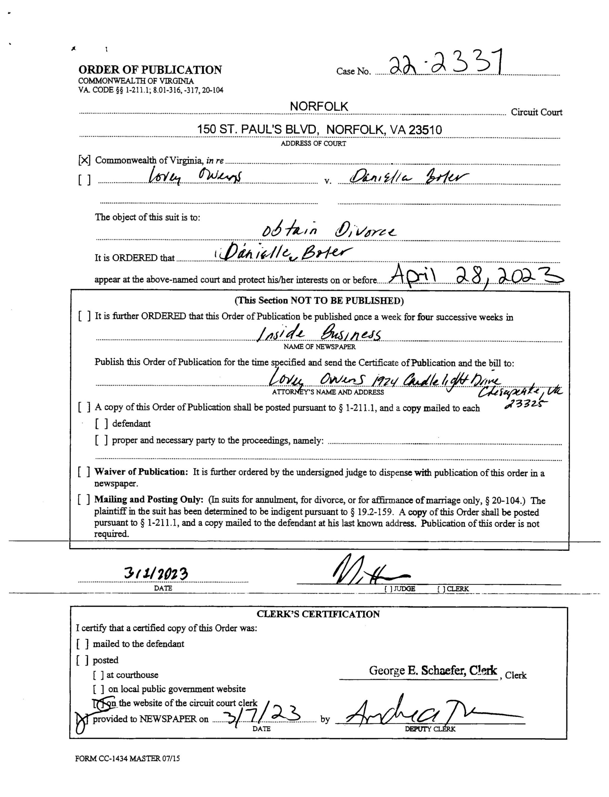 CL22-2337 ORDER OF PUBLICATION