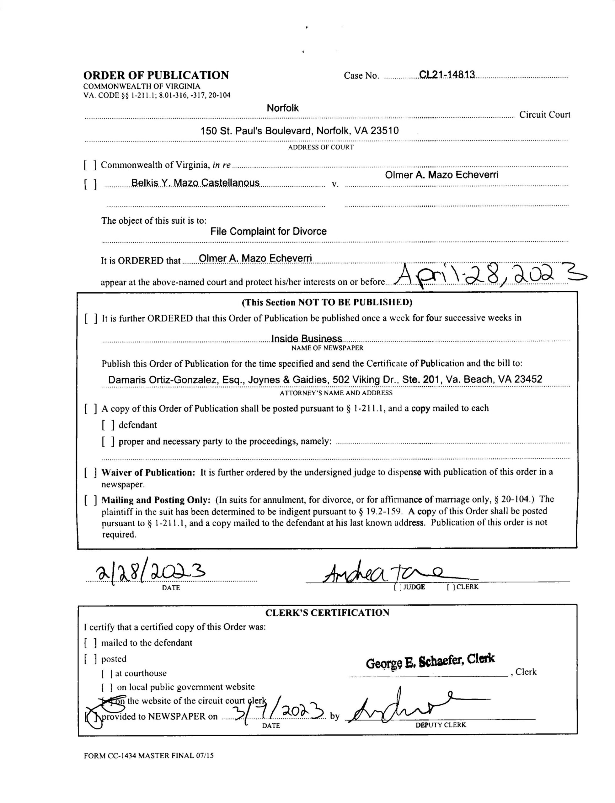 CL21-14813 ORDER OF PUBLICATION