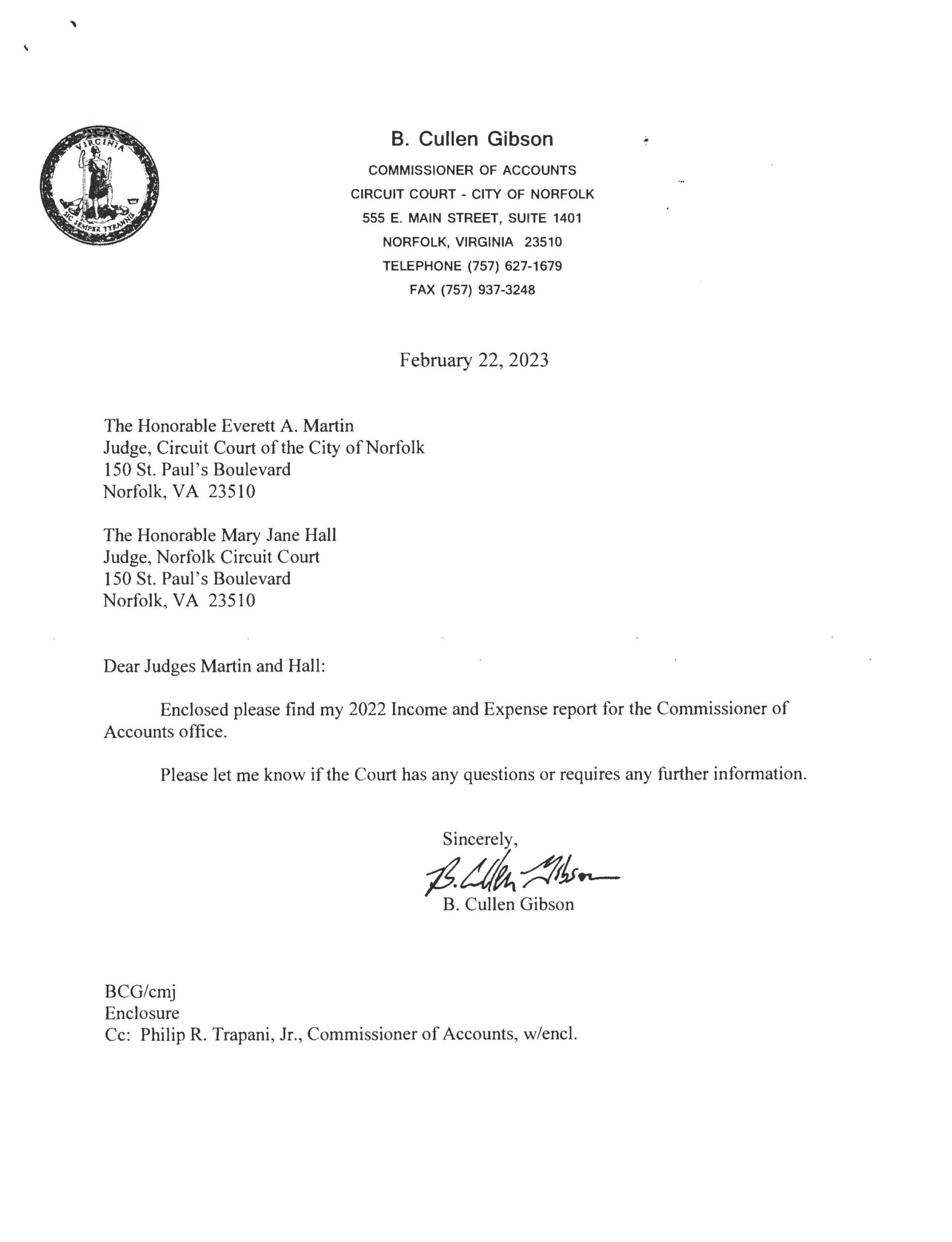 B Cullen Gibson 2022 Income and Expense Report