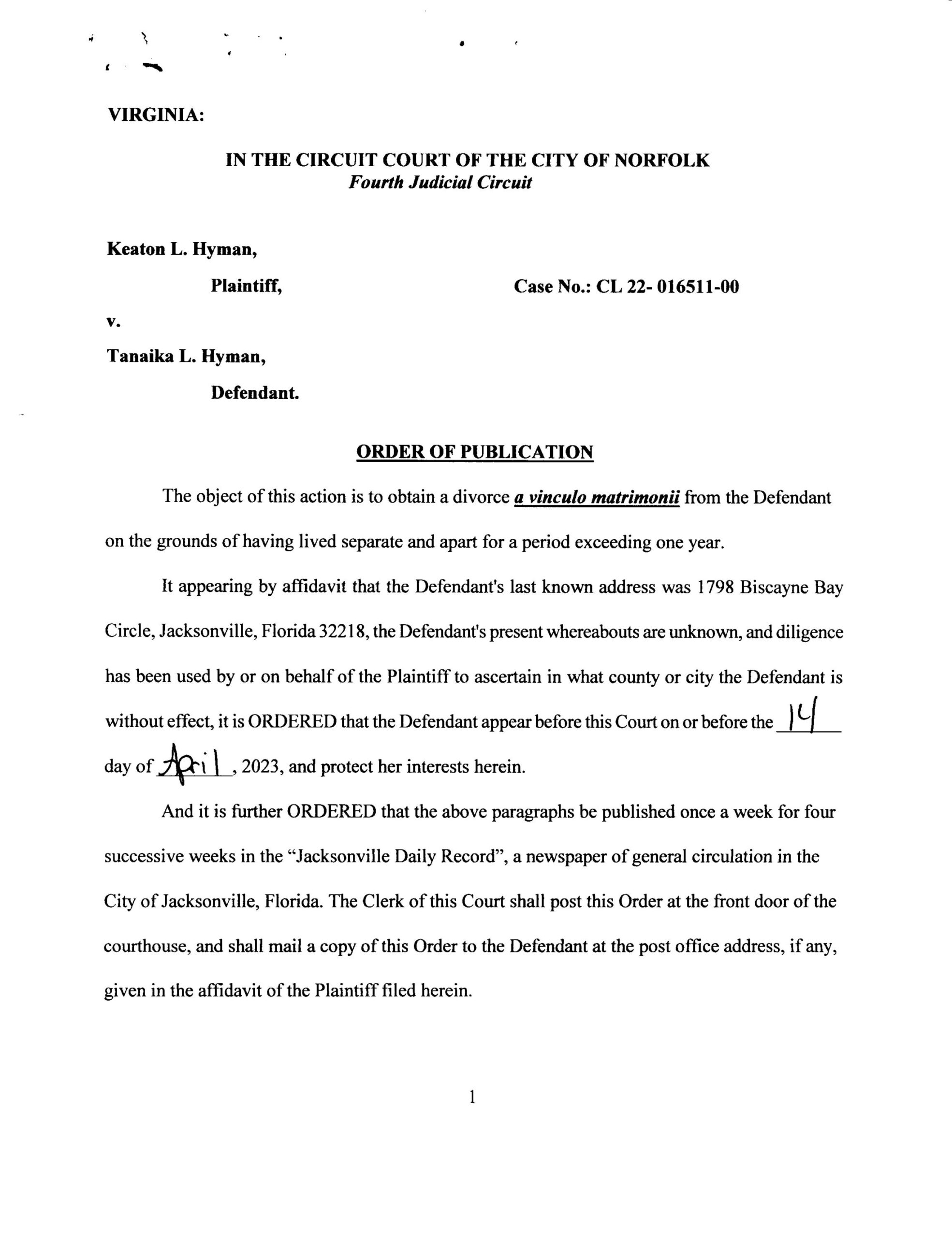 CL22-16511 ORDER OF PUBLICATION