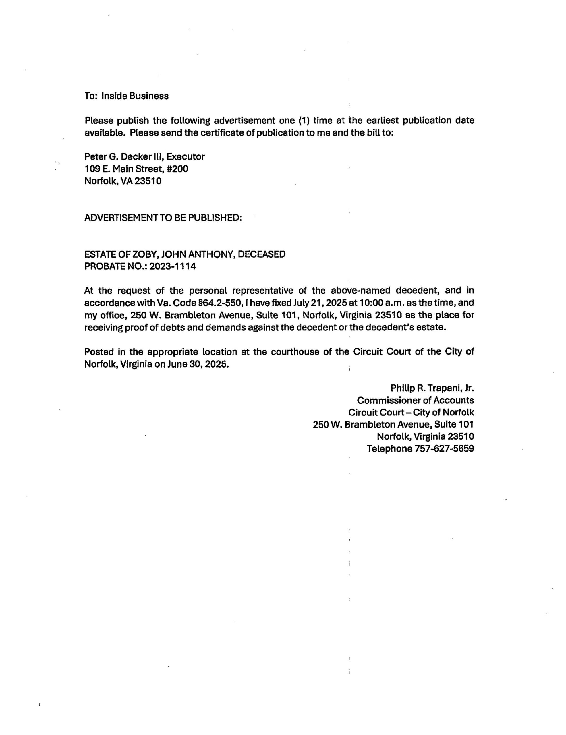 Notice for Estate of Zoby, John Anthony