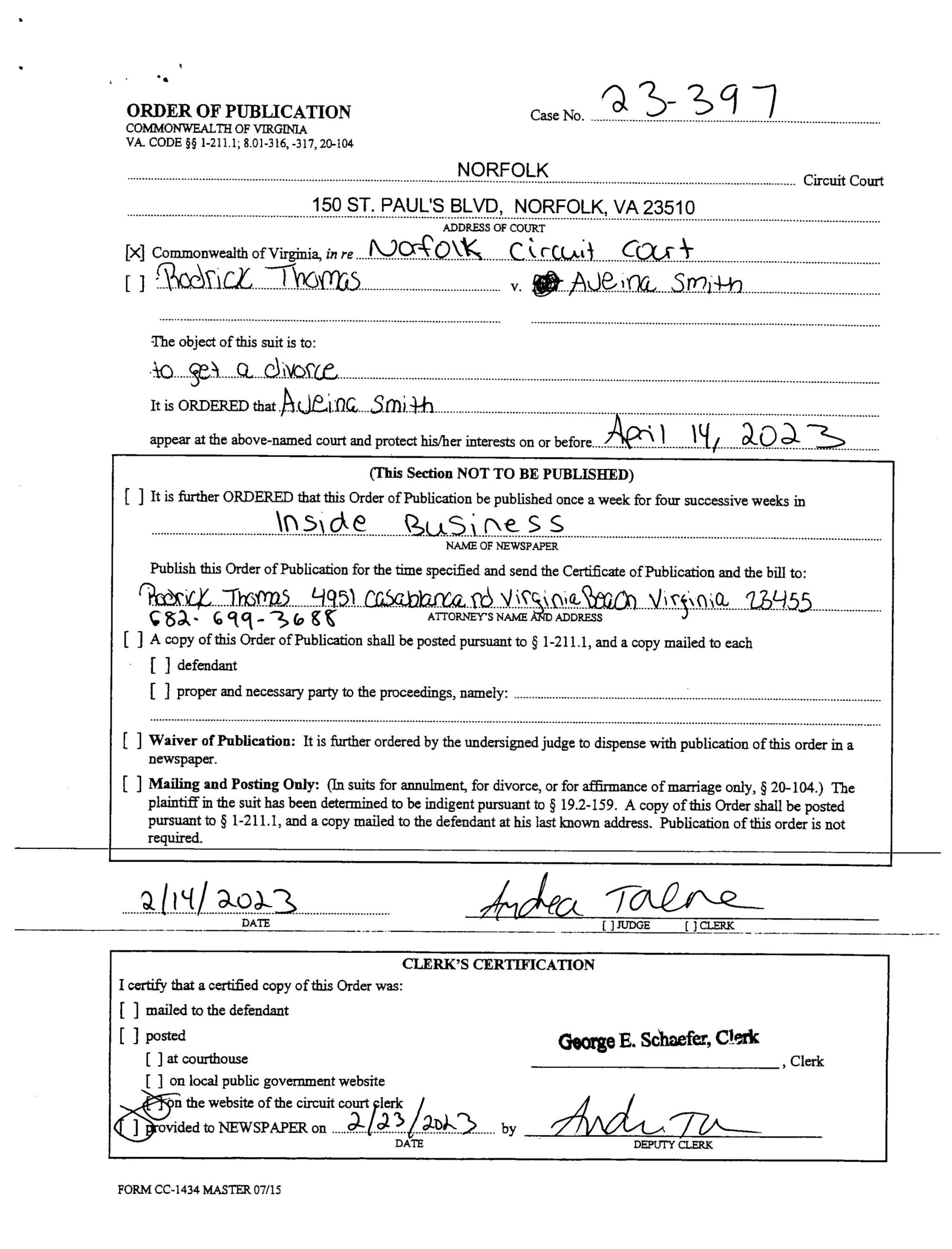 CL23-397 ORDER OF PUBLICATION