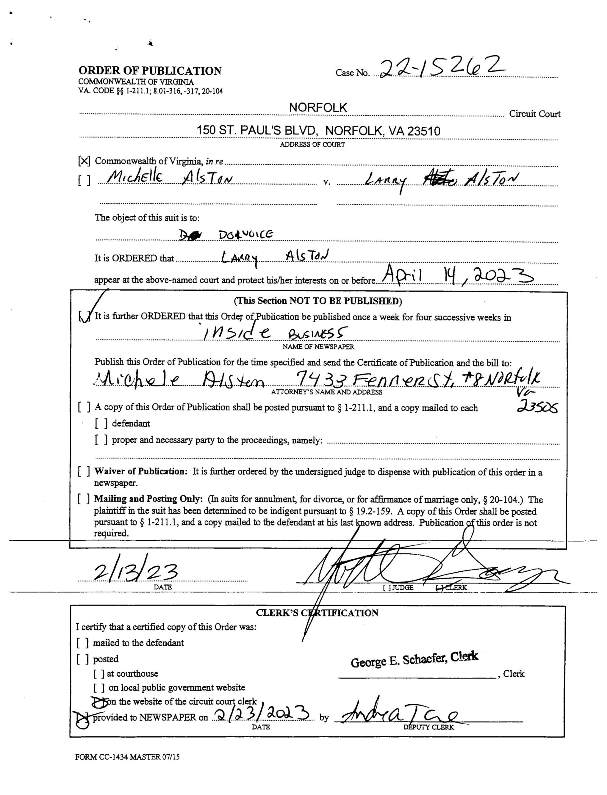 CL22-15262 ORDER OF PUBLICATION