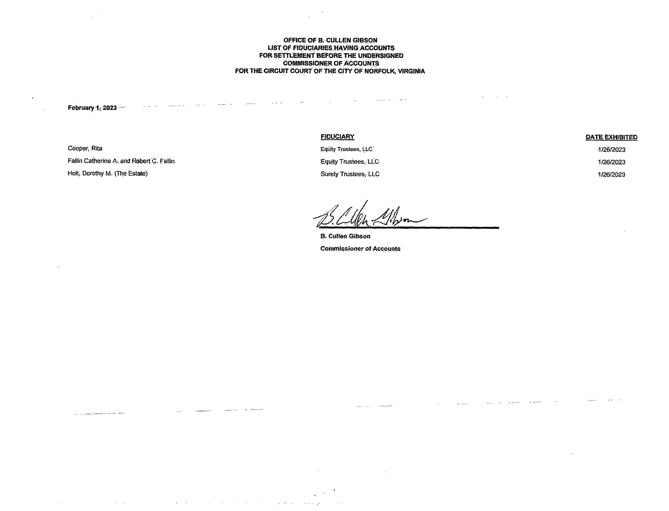B.CULLEN GIBSON COMMISSIONER OF ACCOUNTS/FIDUCIARY LIST