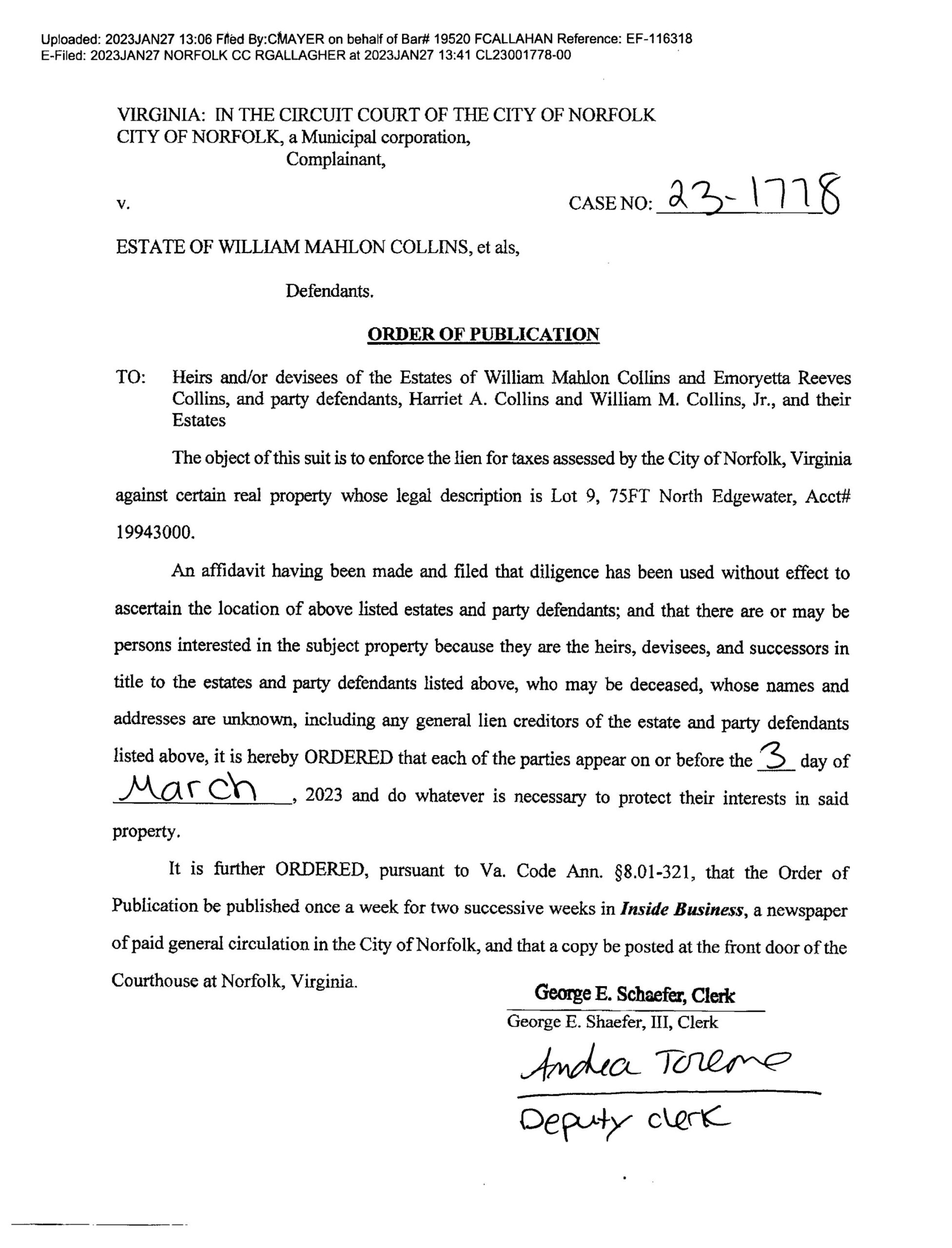 CL23-1778 ORDER OF PUBLICATION