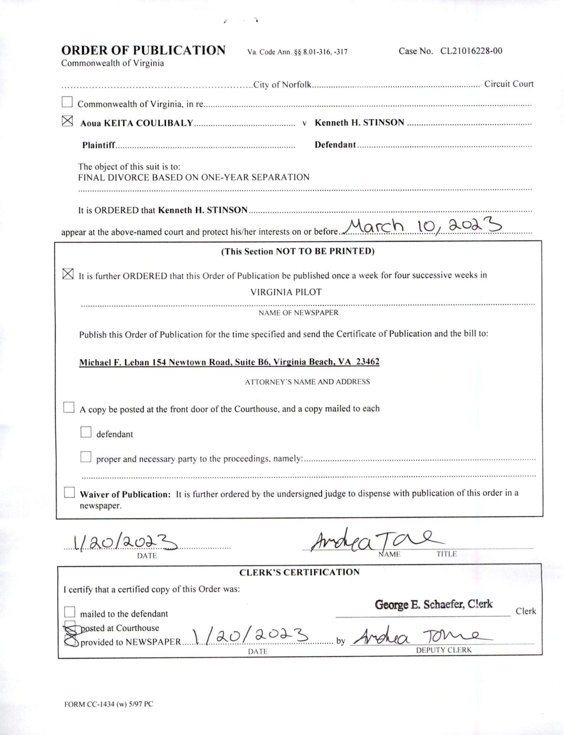 CL21-16228 ORDER OF PUBLICATION