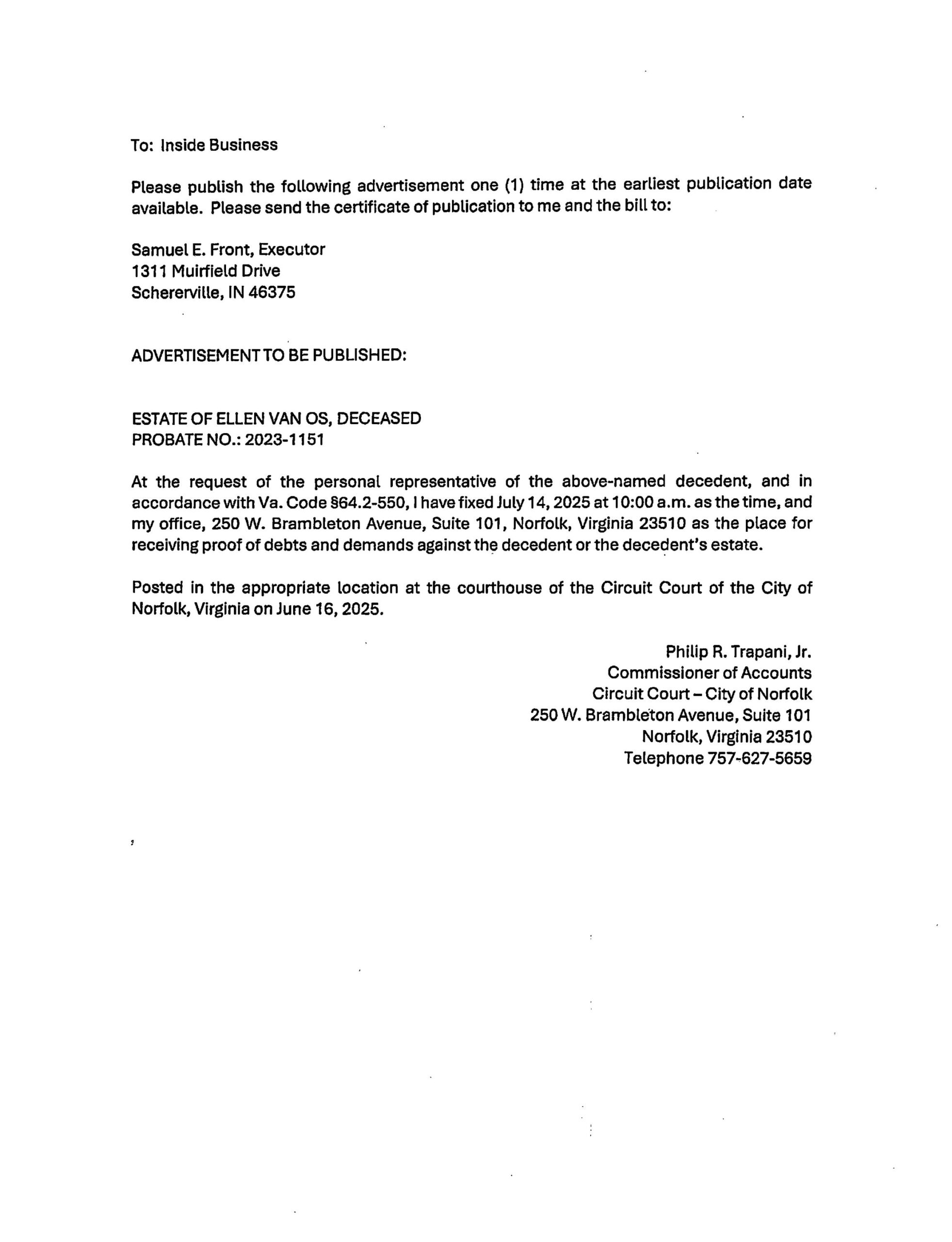 Notice for Estate of Ellen Van Os, Deceased