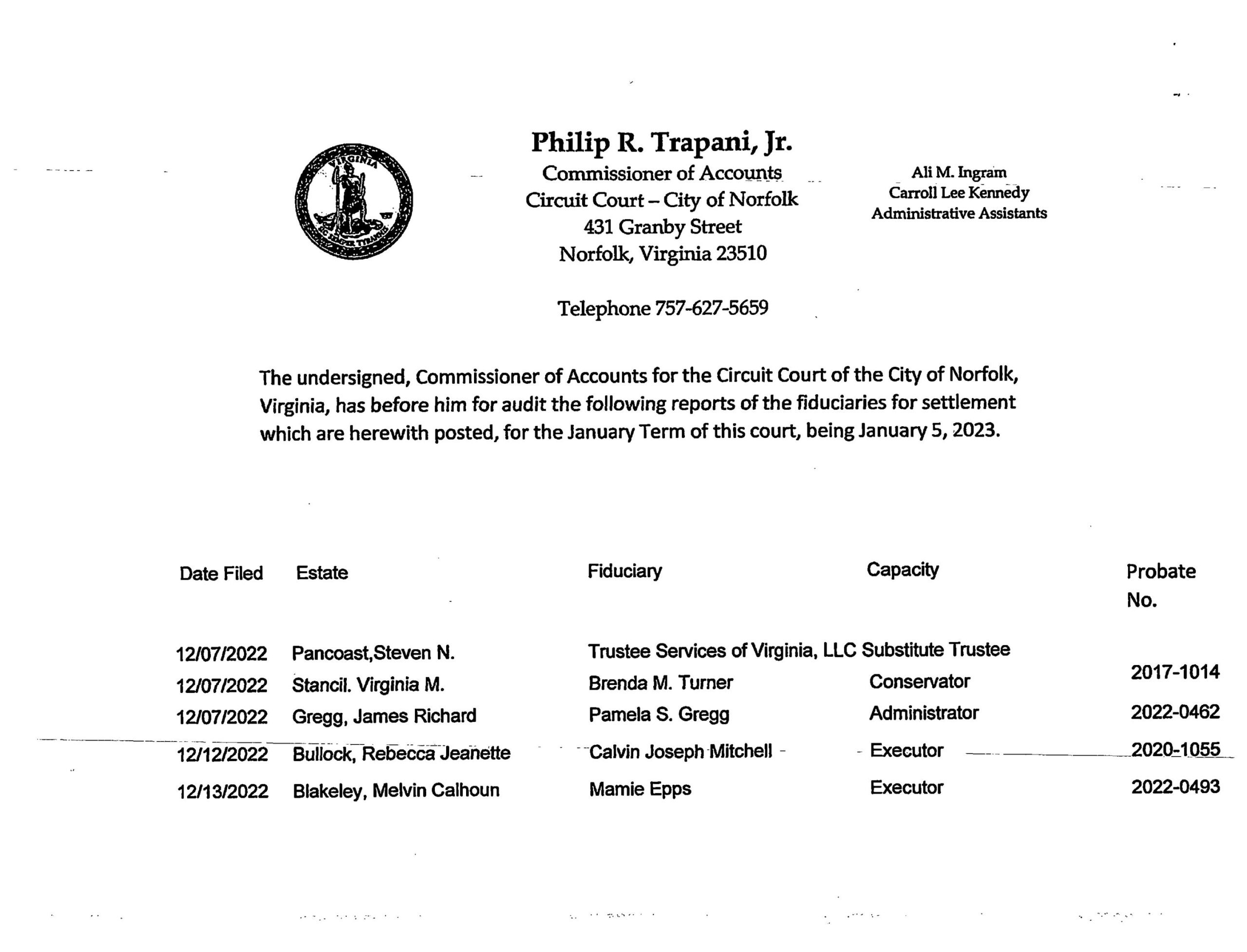 COMMISSIONER OF ACCOUNTS/PHILIP R. TRAPANI JR. FIDUCIARY LIST