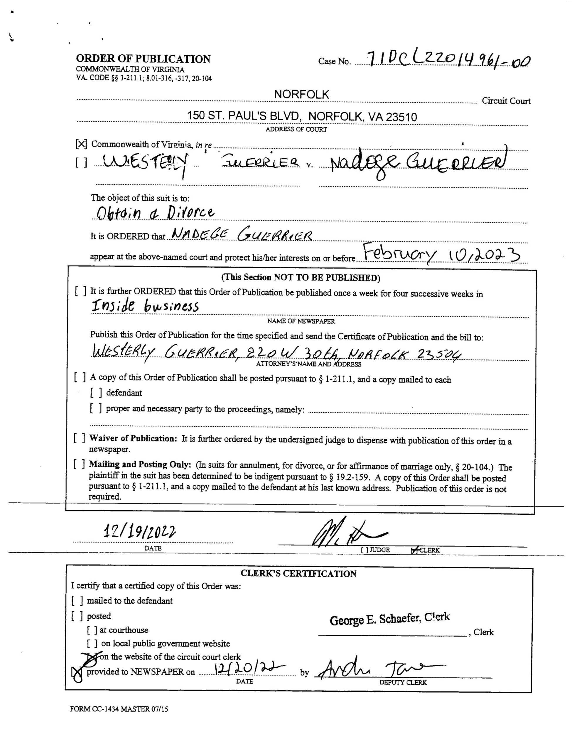 CL22-14961 ORDER OF PUBLICTION