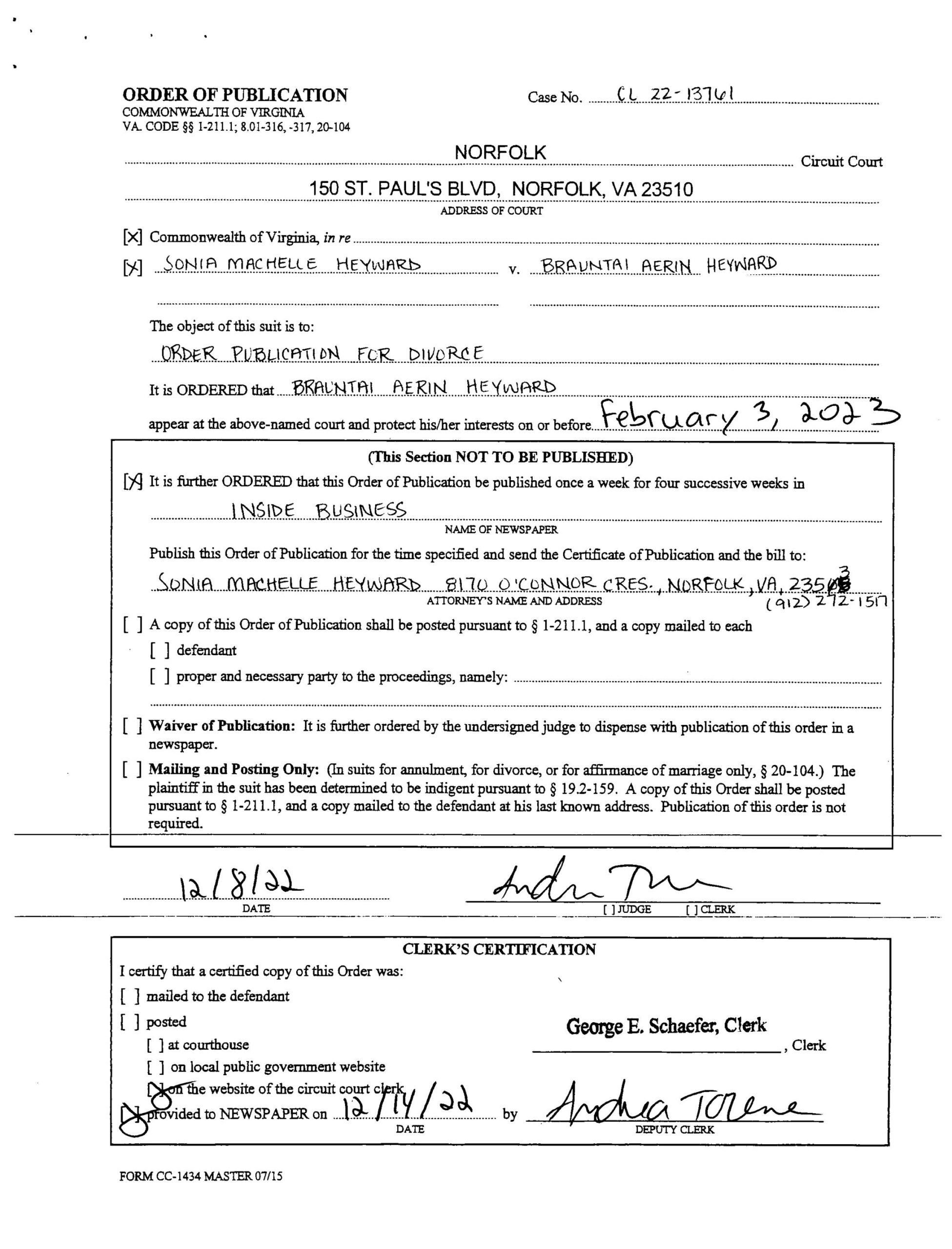 CL22-13761 ORDER OF PUBLICATION