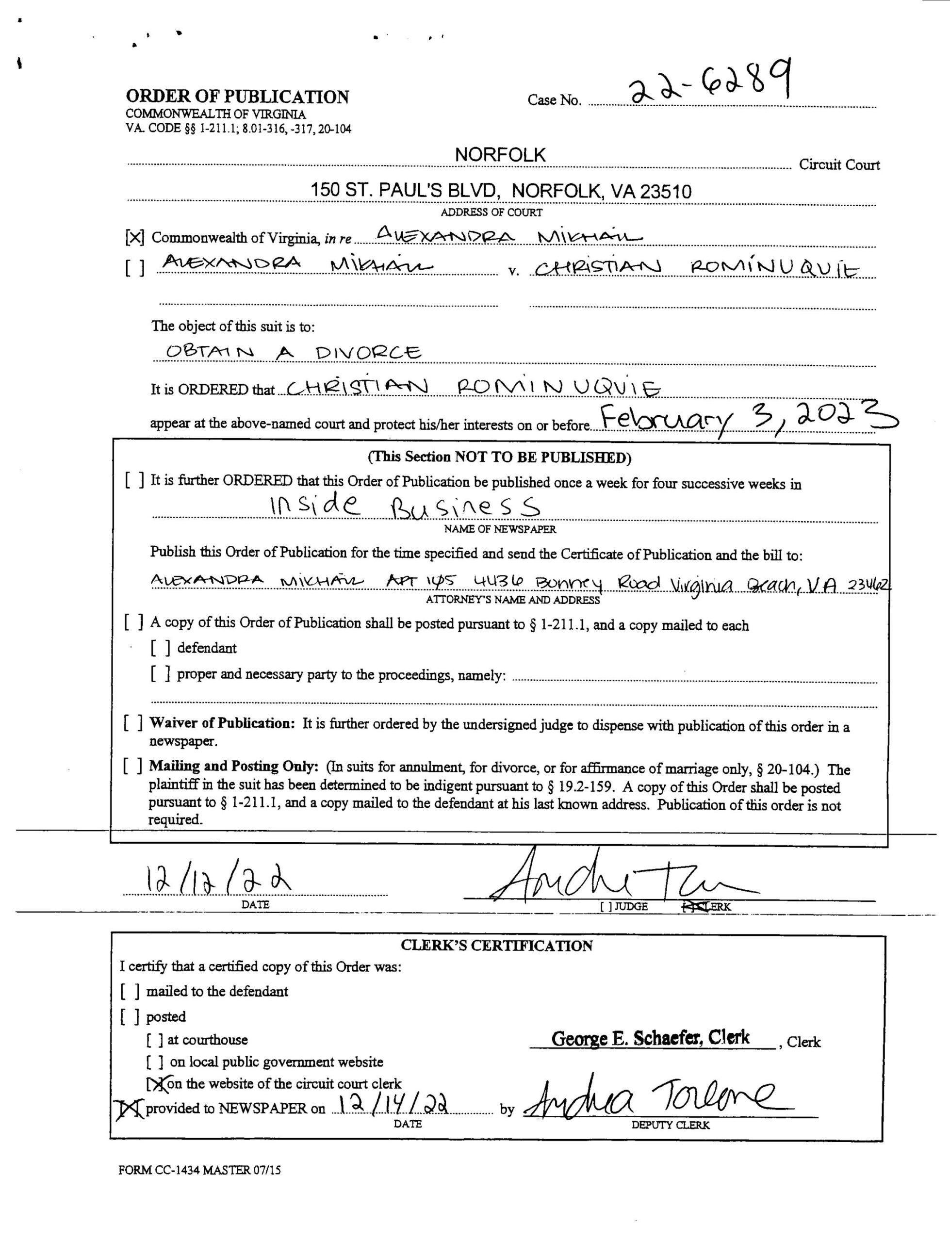 CL22-6289 ORDER OF PUBLICATION