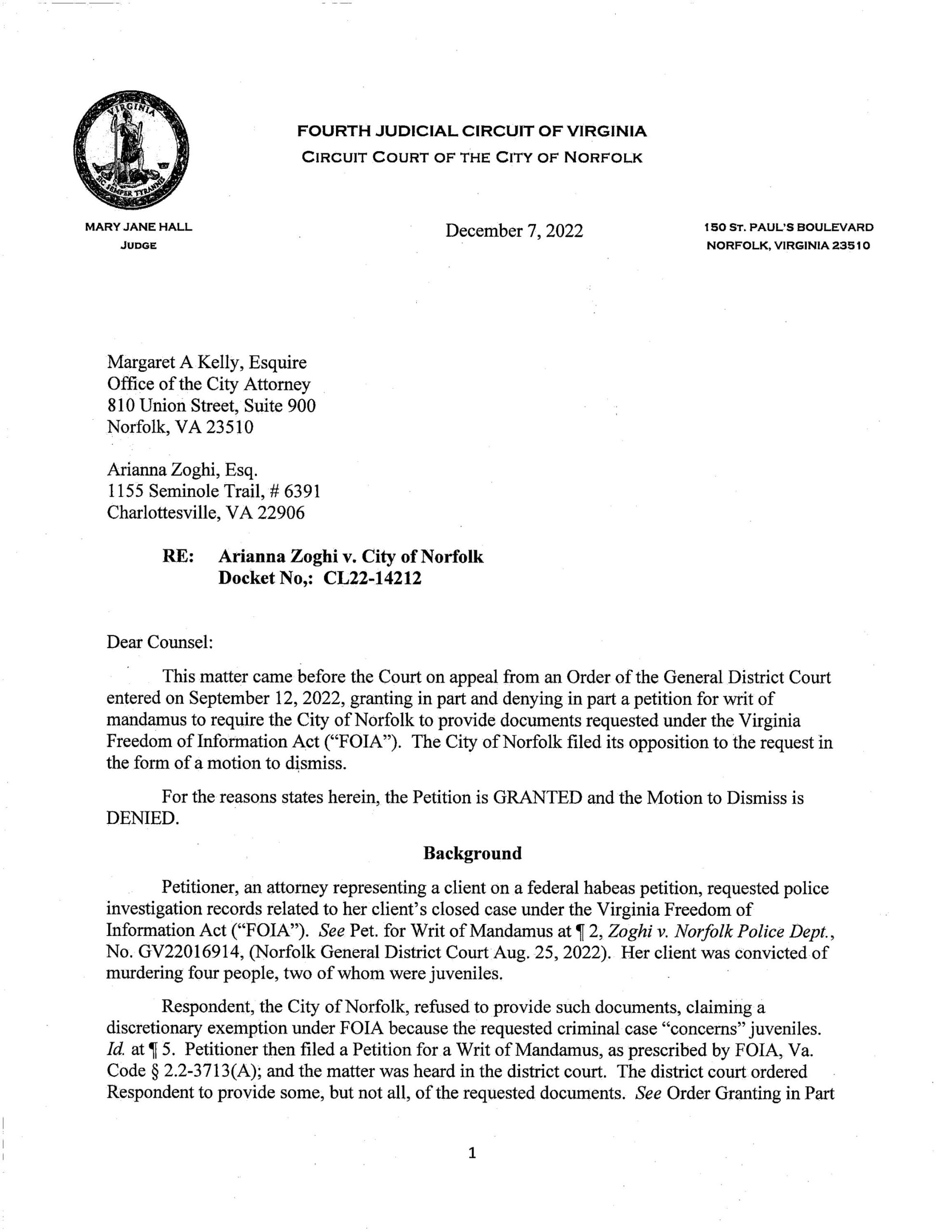 Arianna Zoghi v. City of Norfolk