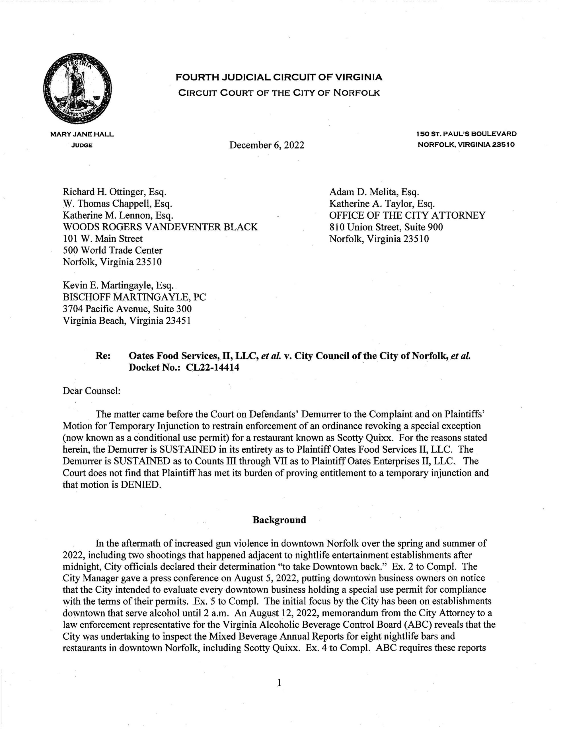 Oates Food Services, II, LLC, et al. v. City Council of Norfolk, et al.
