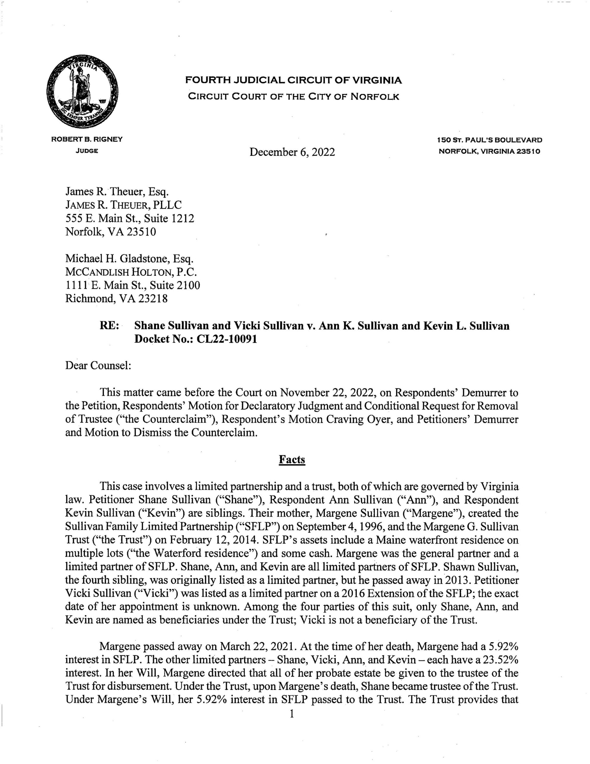 Shane Sullivan and Vicki Sullivan v. Ann K. Sullivan and Kevin L. Sullivan