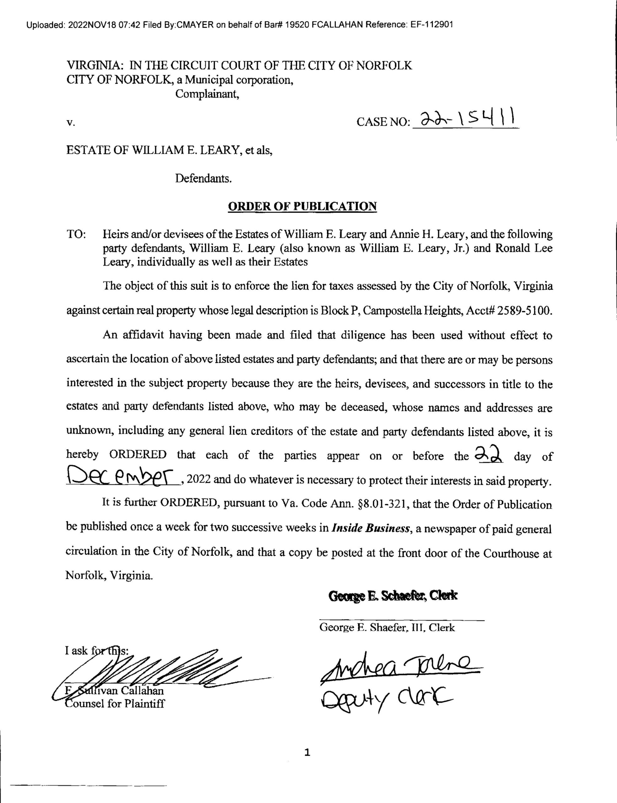 CL22-15411 ORDER OF PUBLICATION