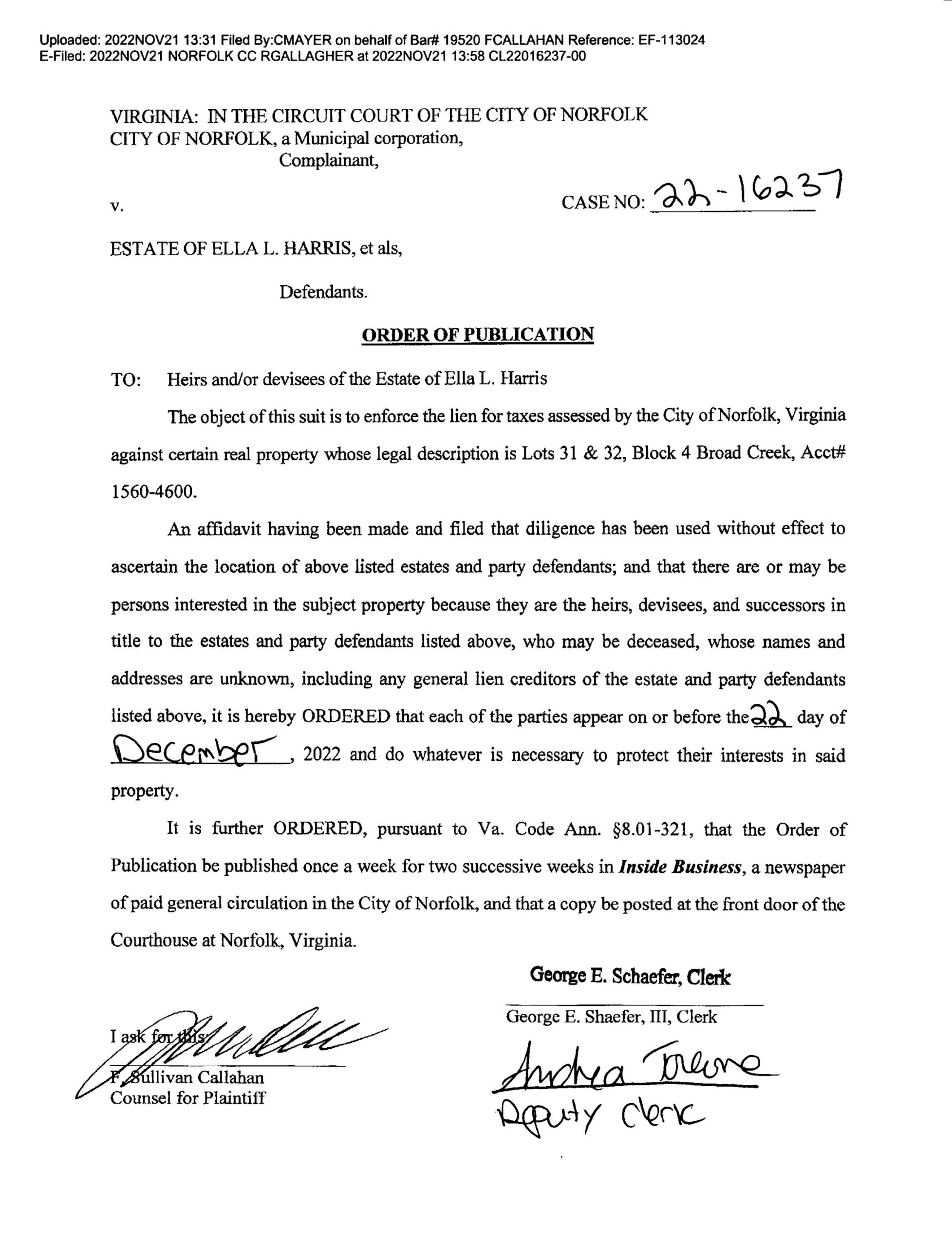 CL22-16237 ORDER OF PUBLICATION