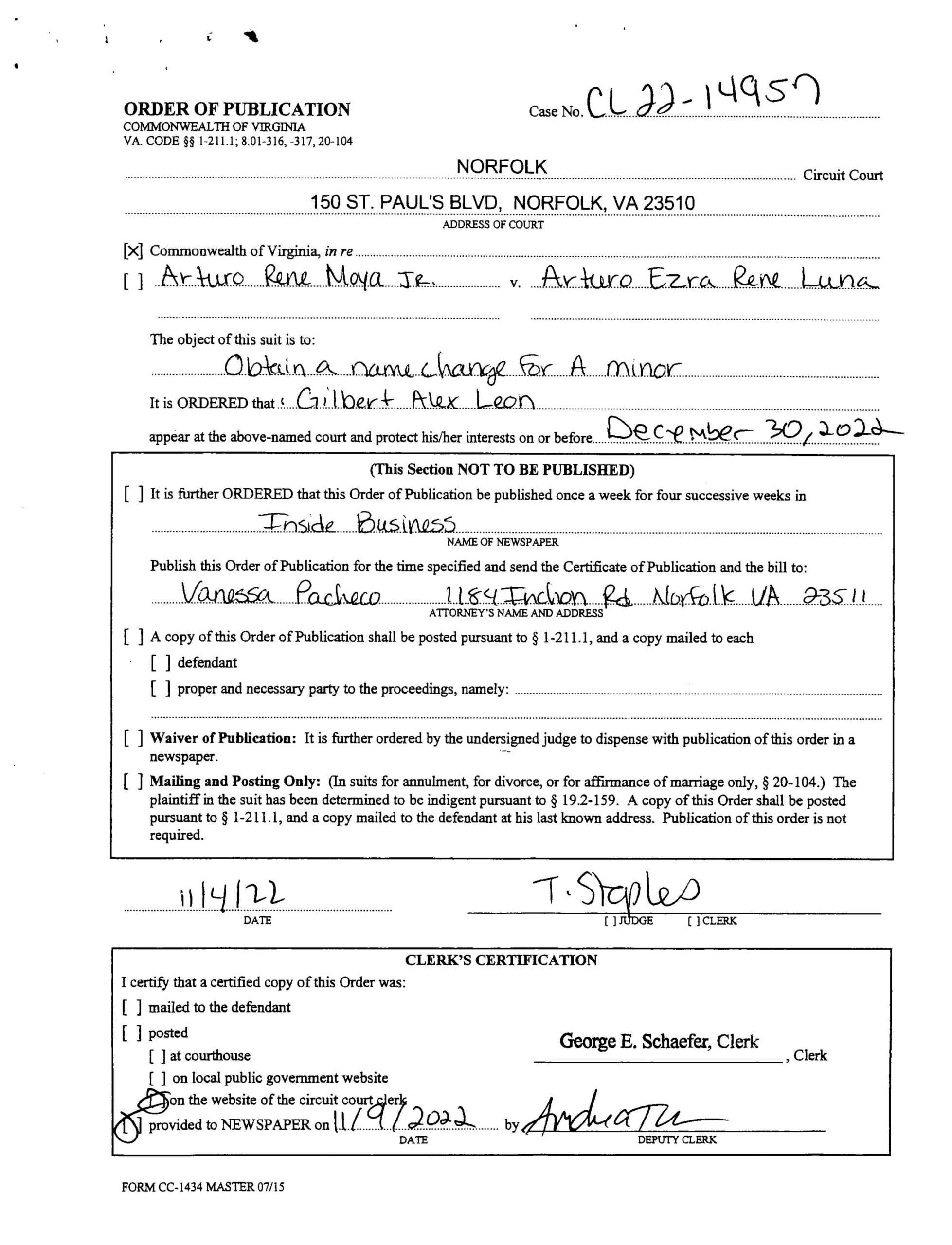 CL22-14957 ORDER OF PUBLICATION