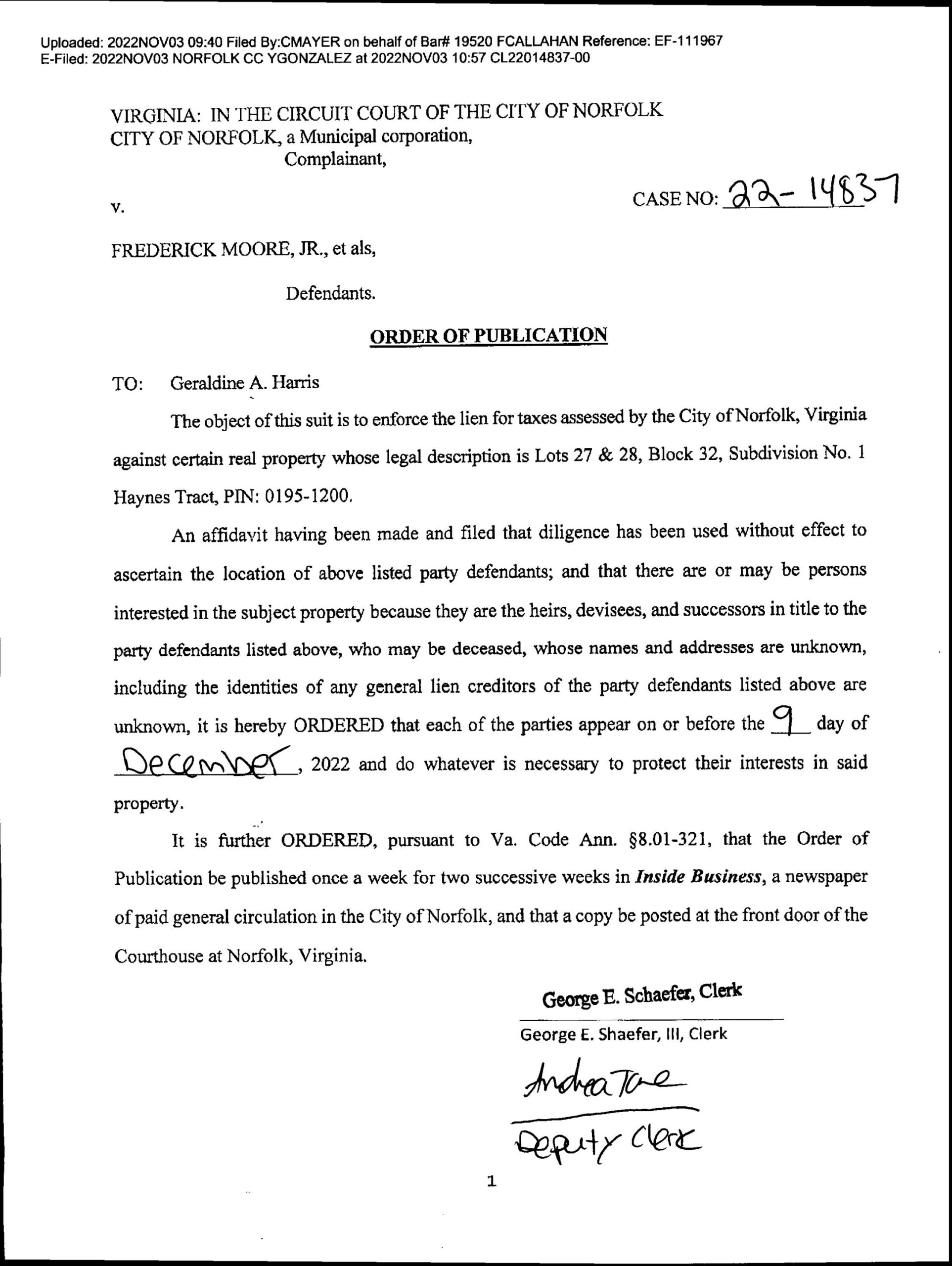 CL22-14837 ORDER OF PUBLICATION