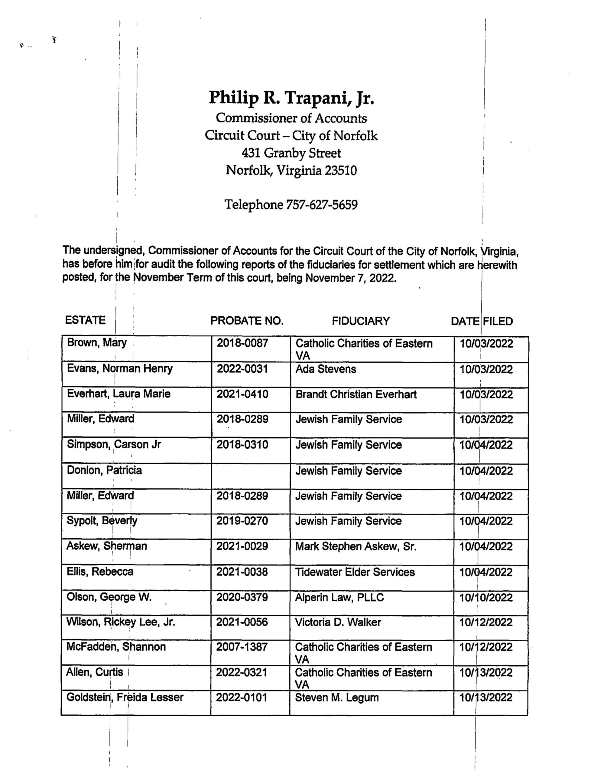 PHILIP R. TRAPANI JR. COMMISSIONER OF ACCOUNTS/FIDUCIARY LIST