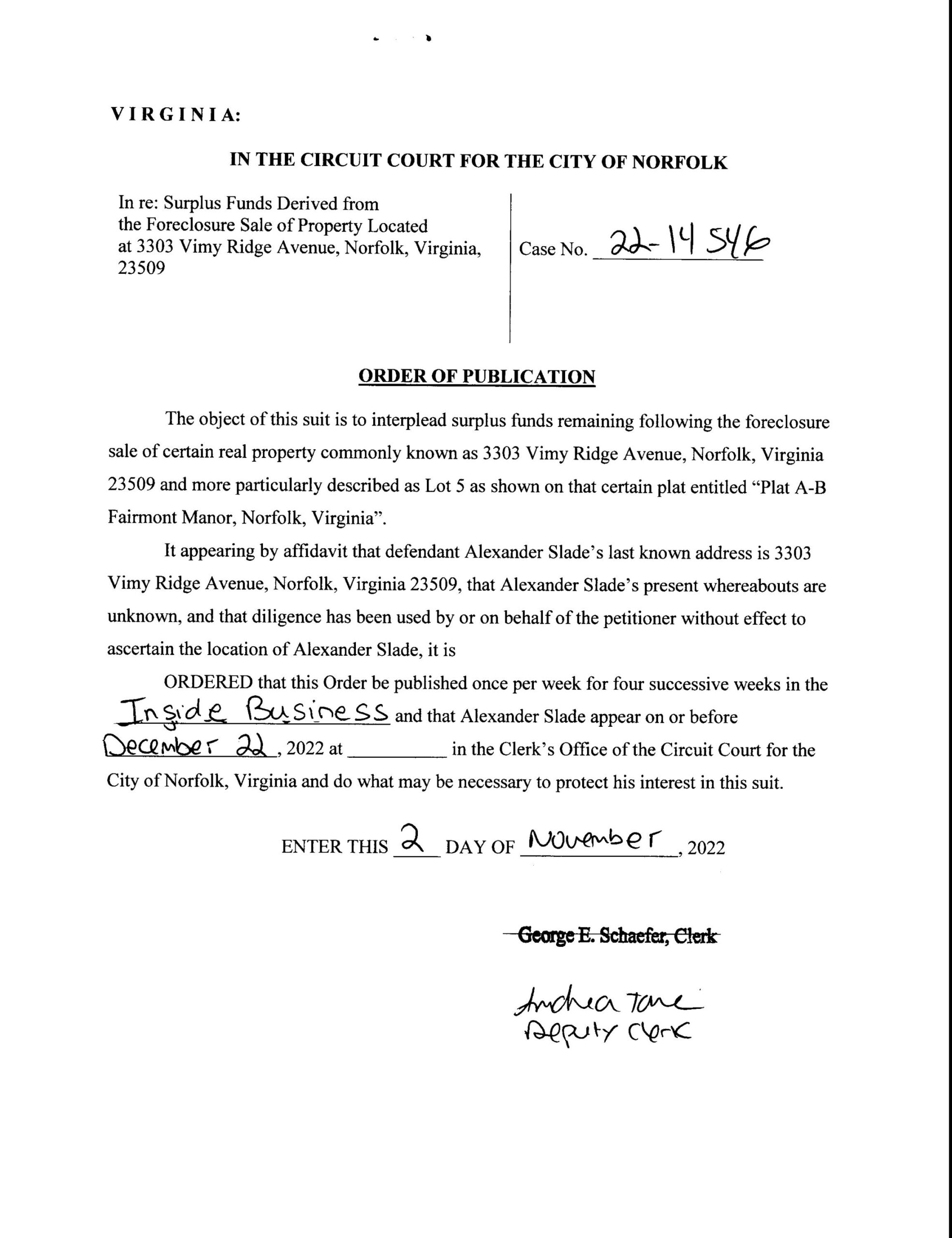 CL22-14546 ORDER OF PUBLICATION