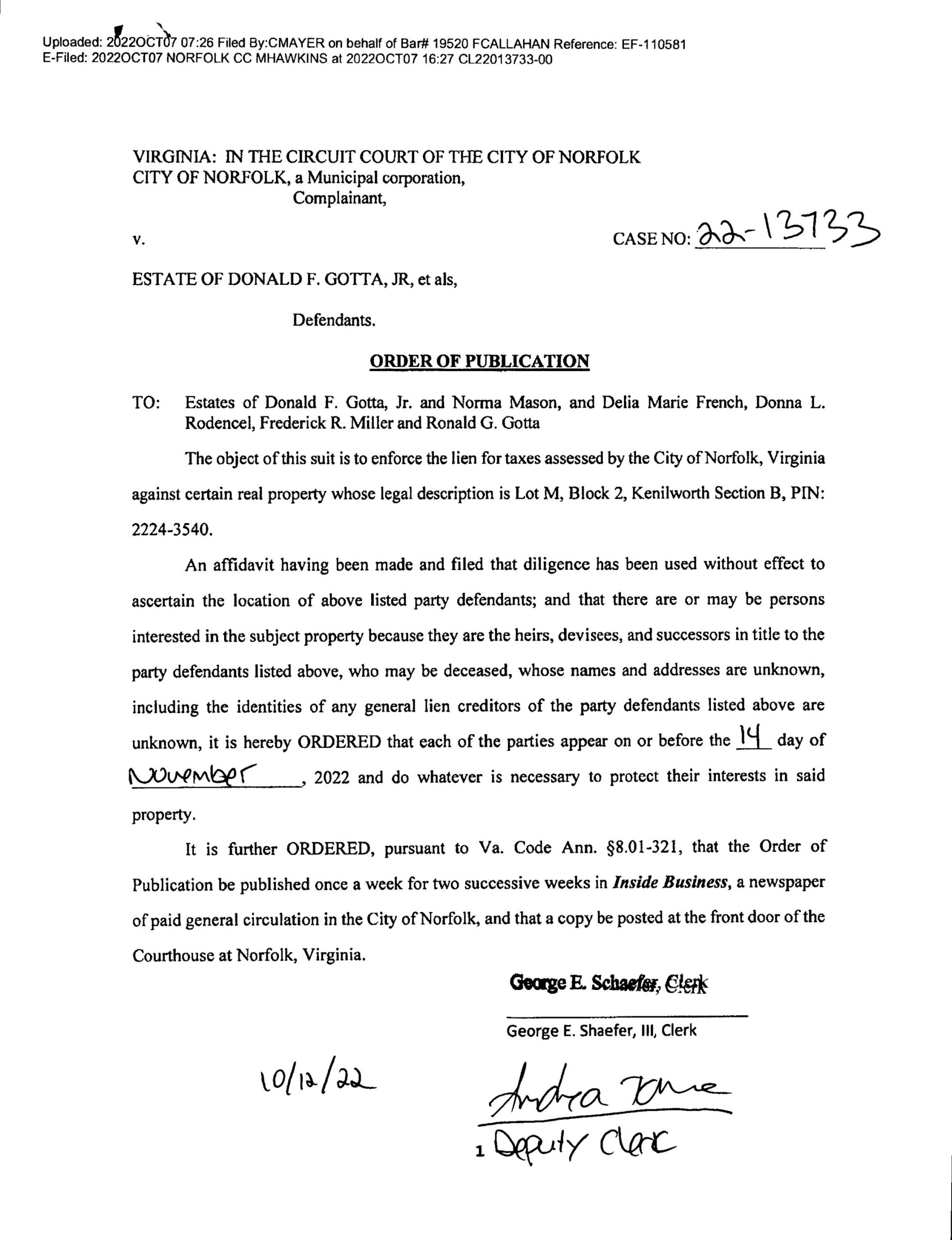 CL22-13733 ORDER OF PUBLICATION