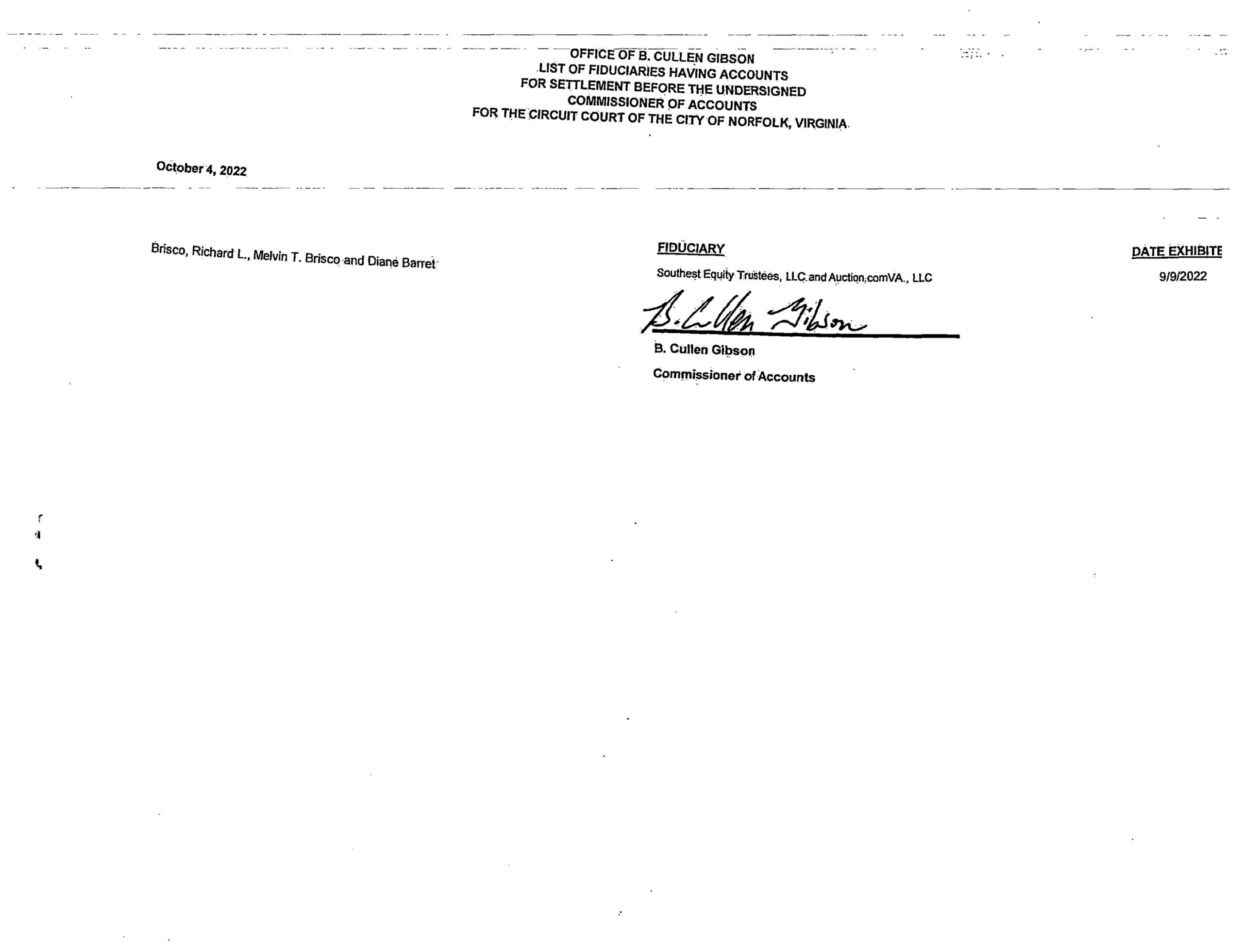 B. CULLEN GIBSON COMMISSIONER OF ACCOUNTS/FIDUCIARY LIST