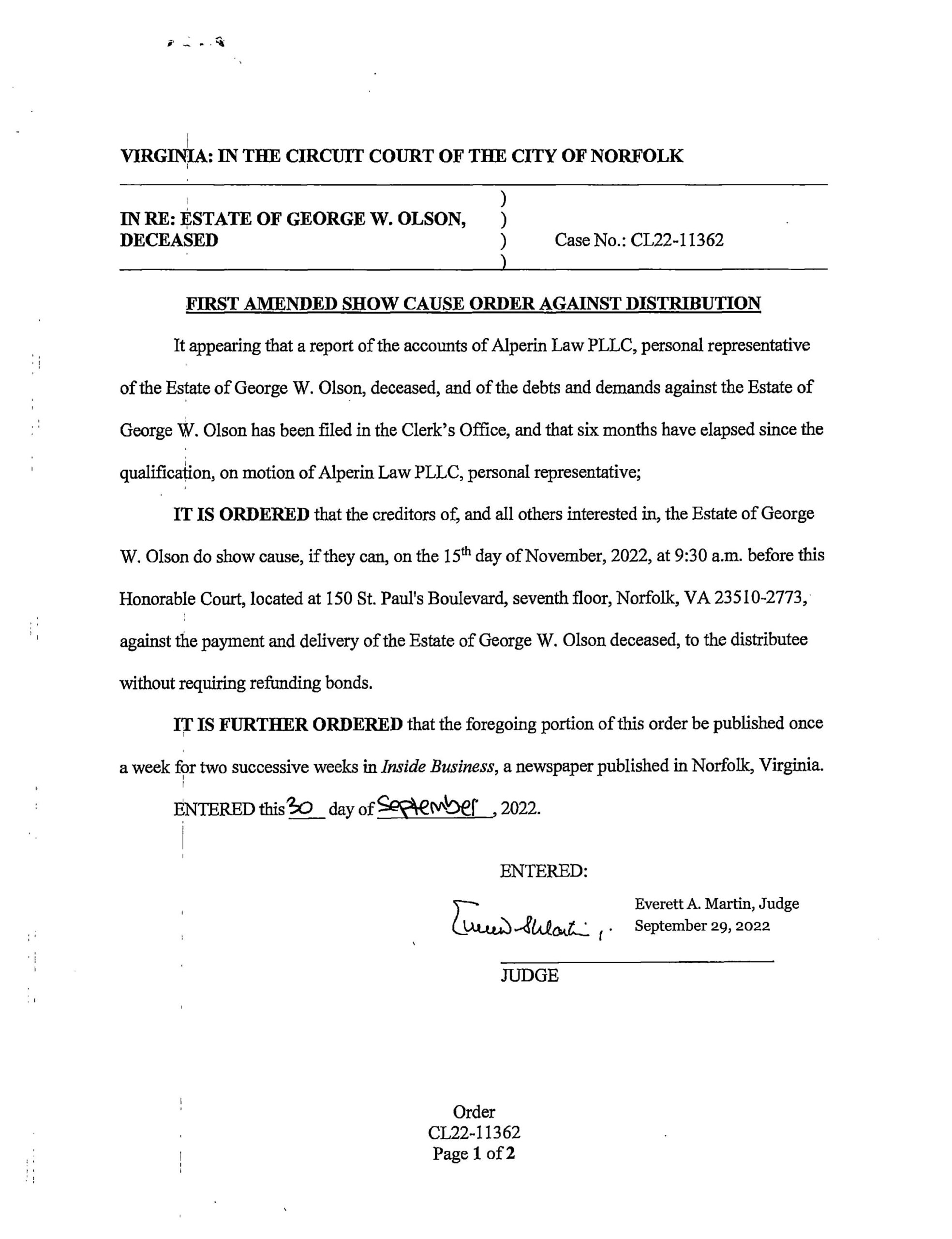 CL22-11362 AMENDEND SHOW CAUSE ORDER