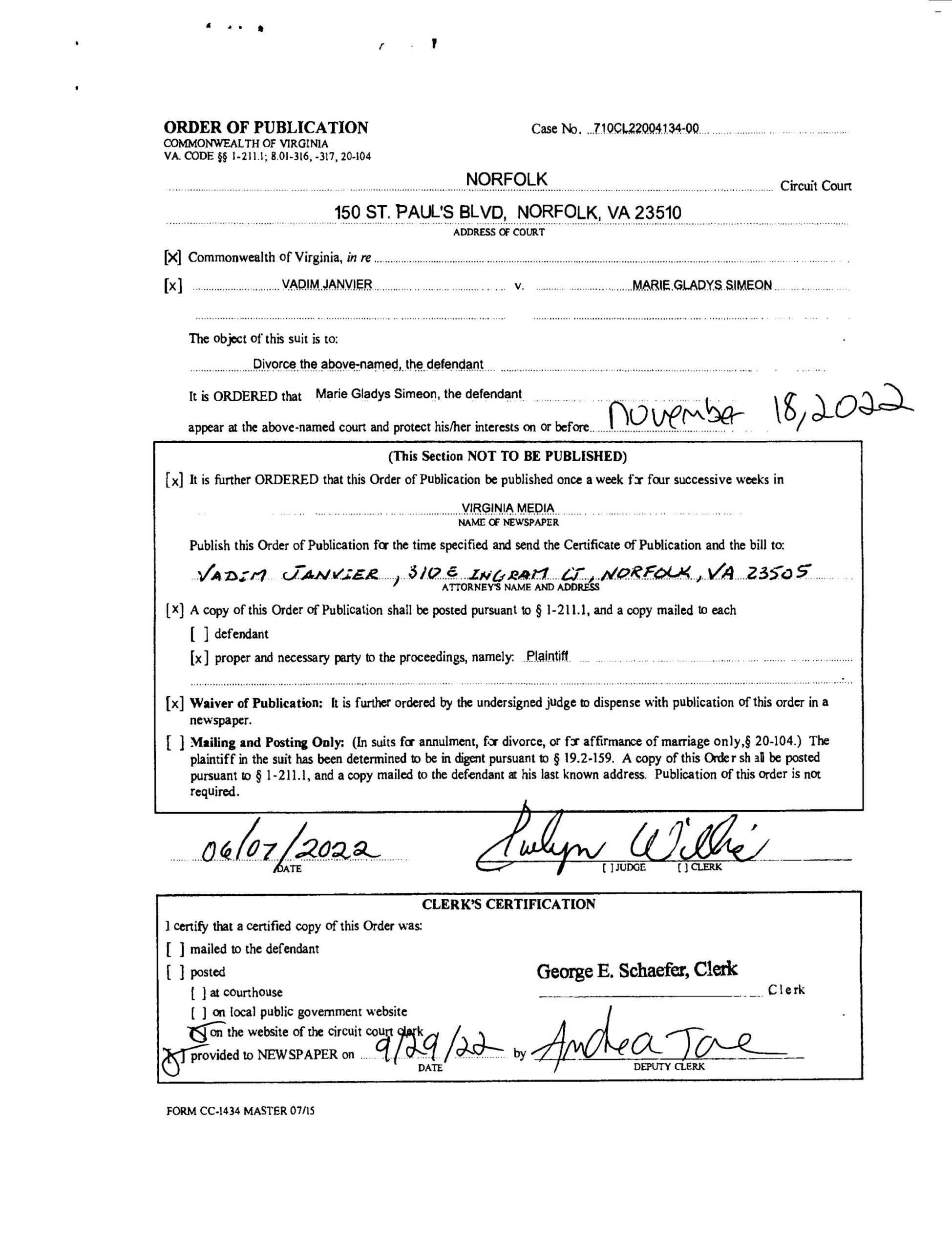 CL22-4134 ORDER OF PUBLICATION