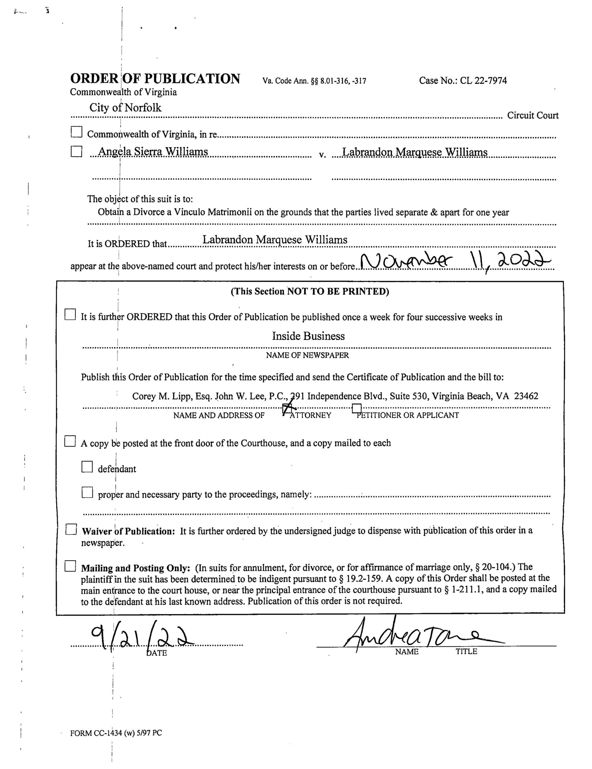 CL22-7974 ORDER OF PUBLICATION