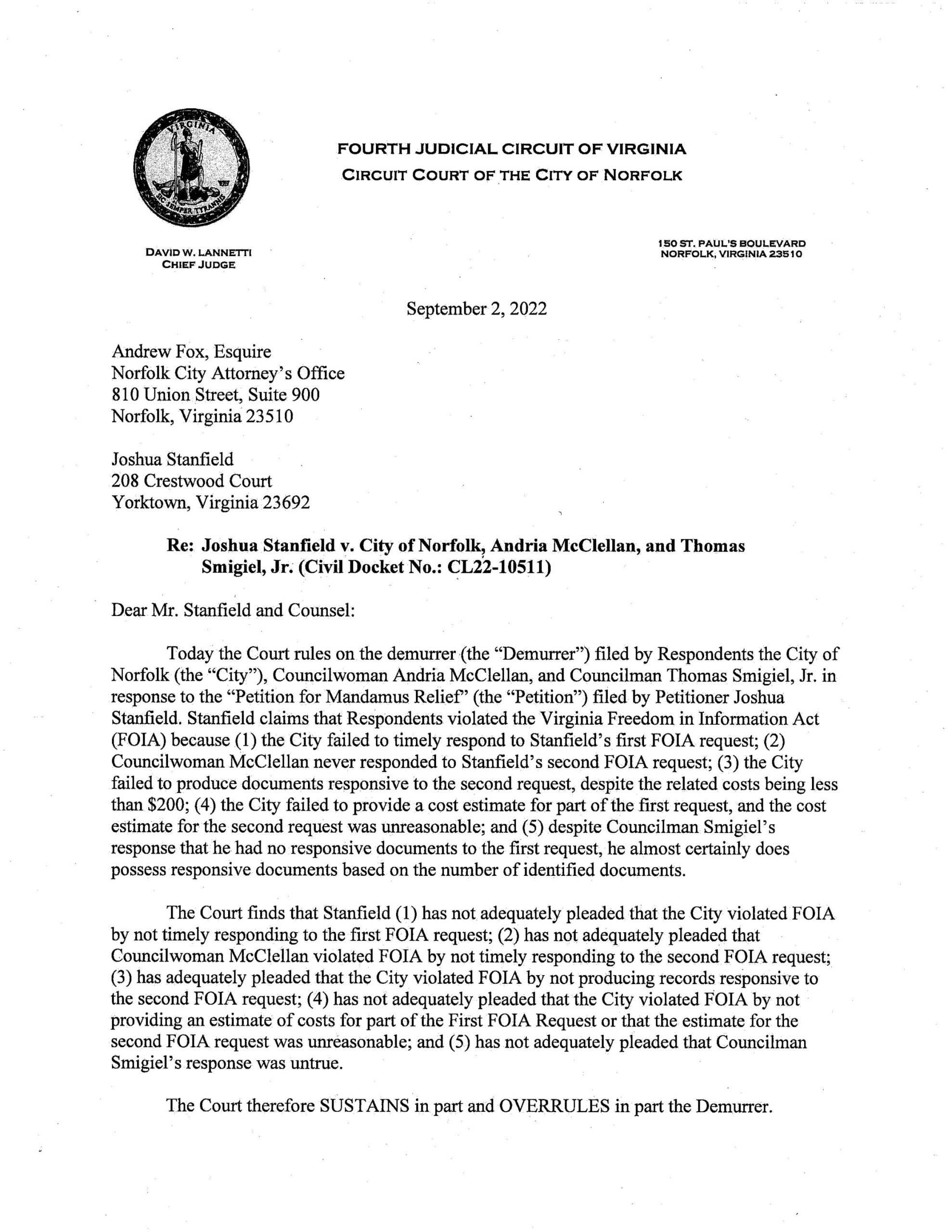 Joshua Stanfield v. City of Norfolk, et al.  –  CL22-10511
