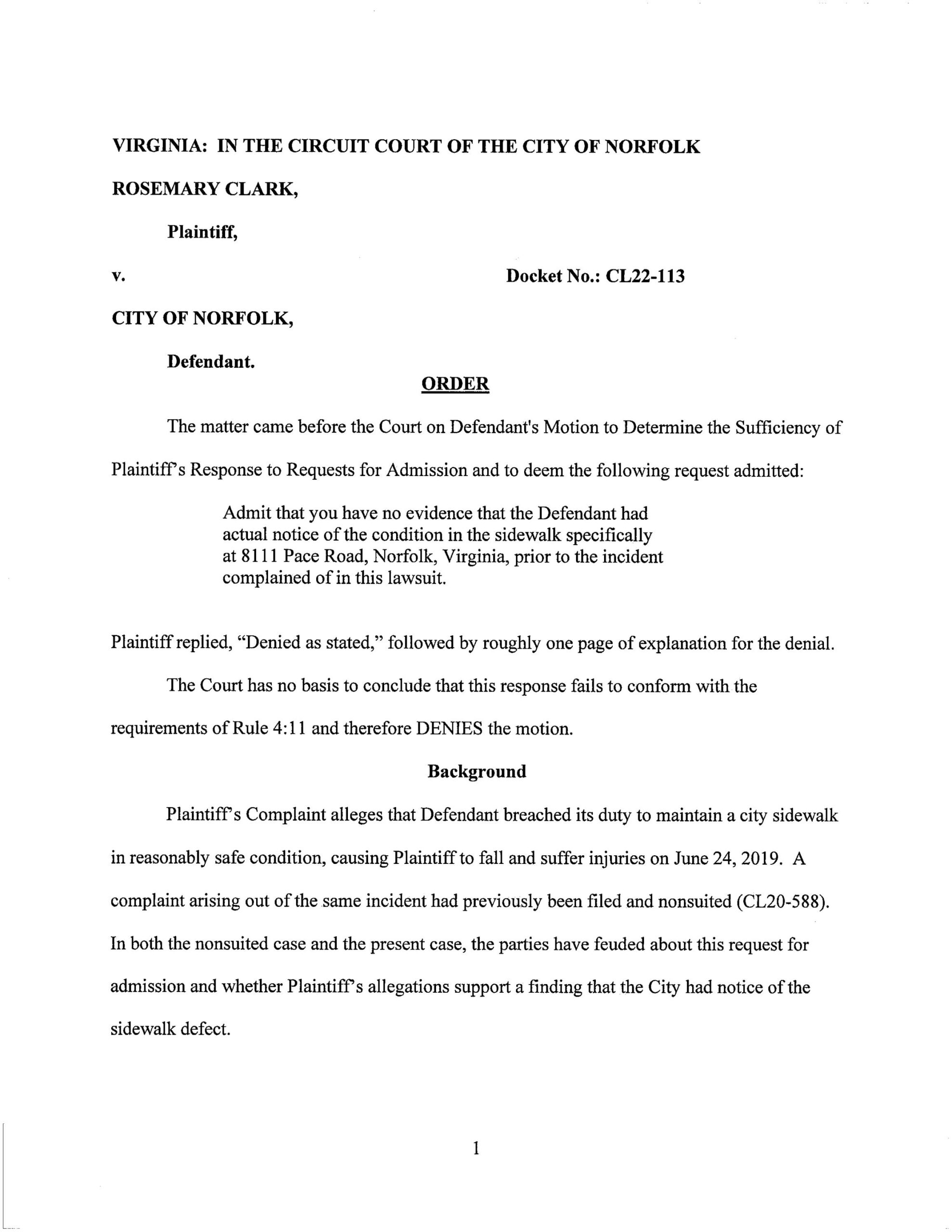 Rosemary Clark v. City of Norfolk – CL22-113
