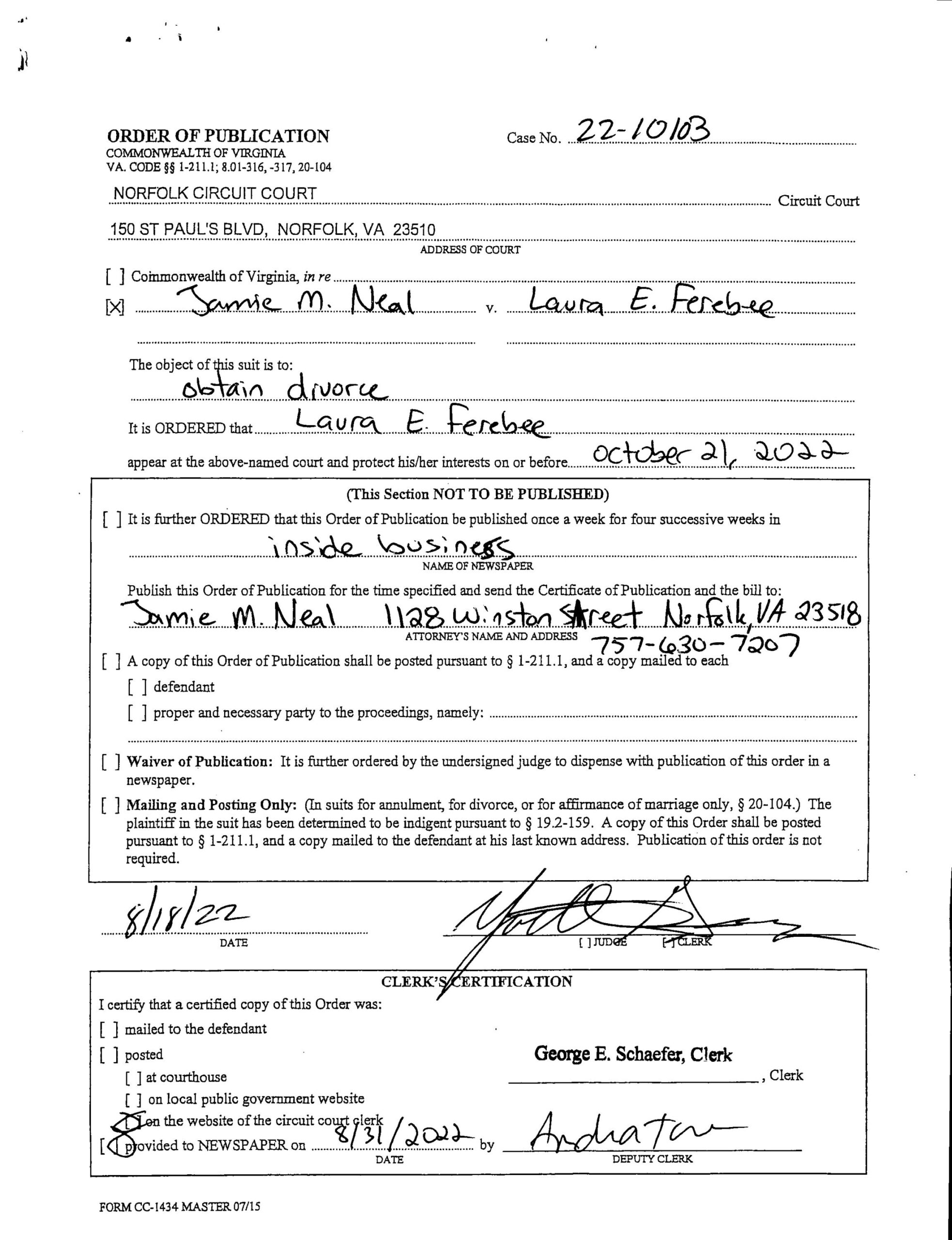 CL22-10103 ORDER OF PUBLICATION