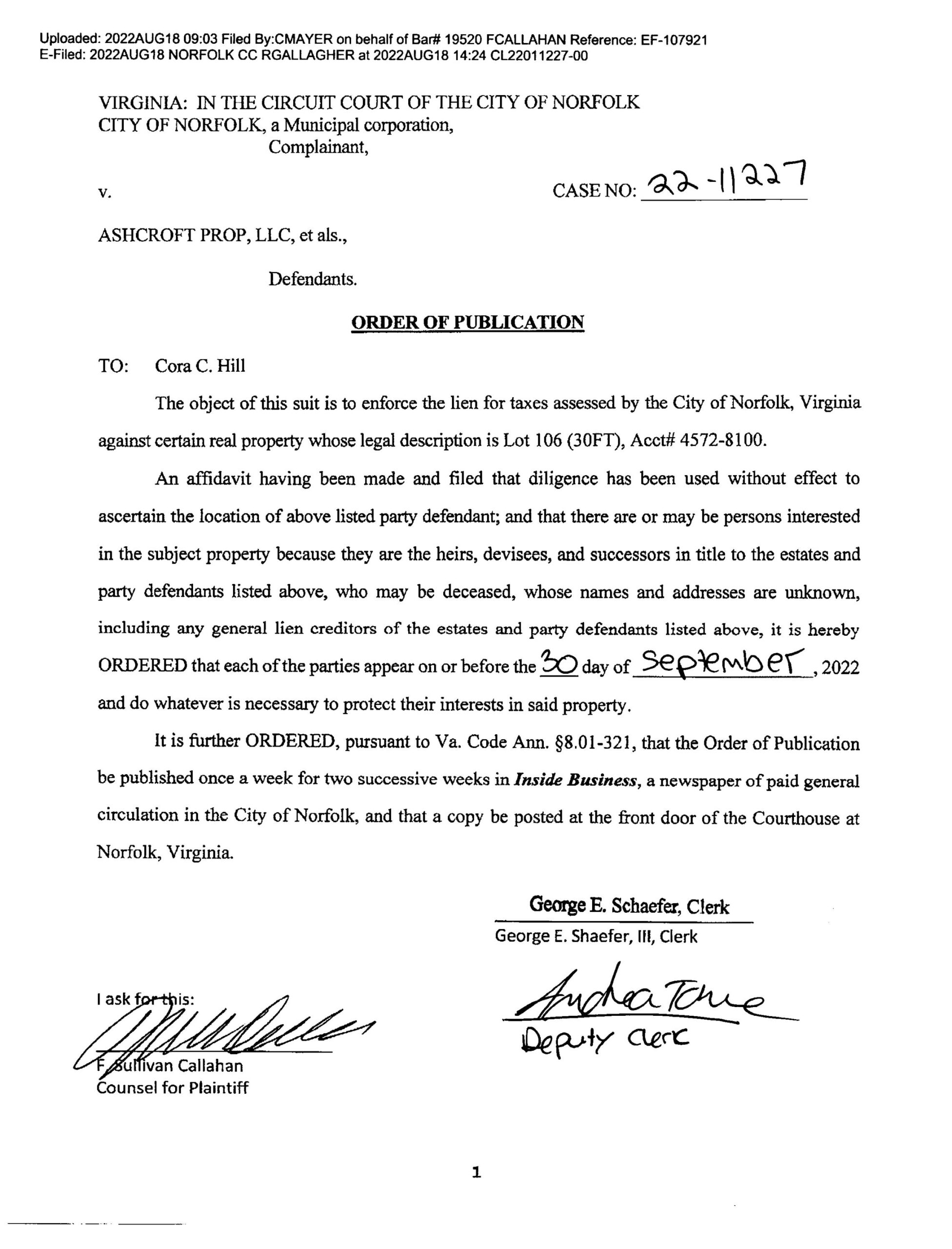 CL22-11227 ORDER OF PUBLICATION