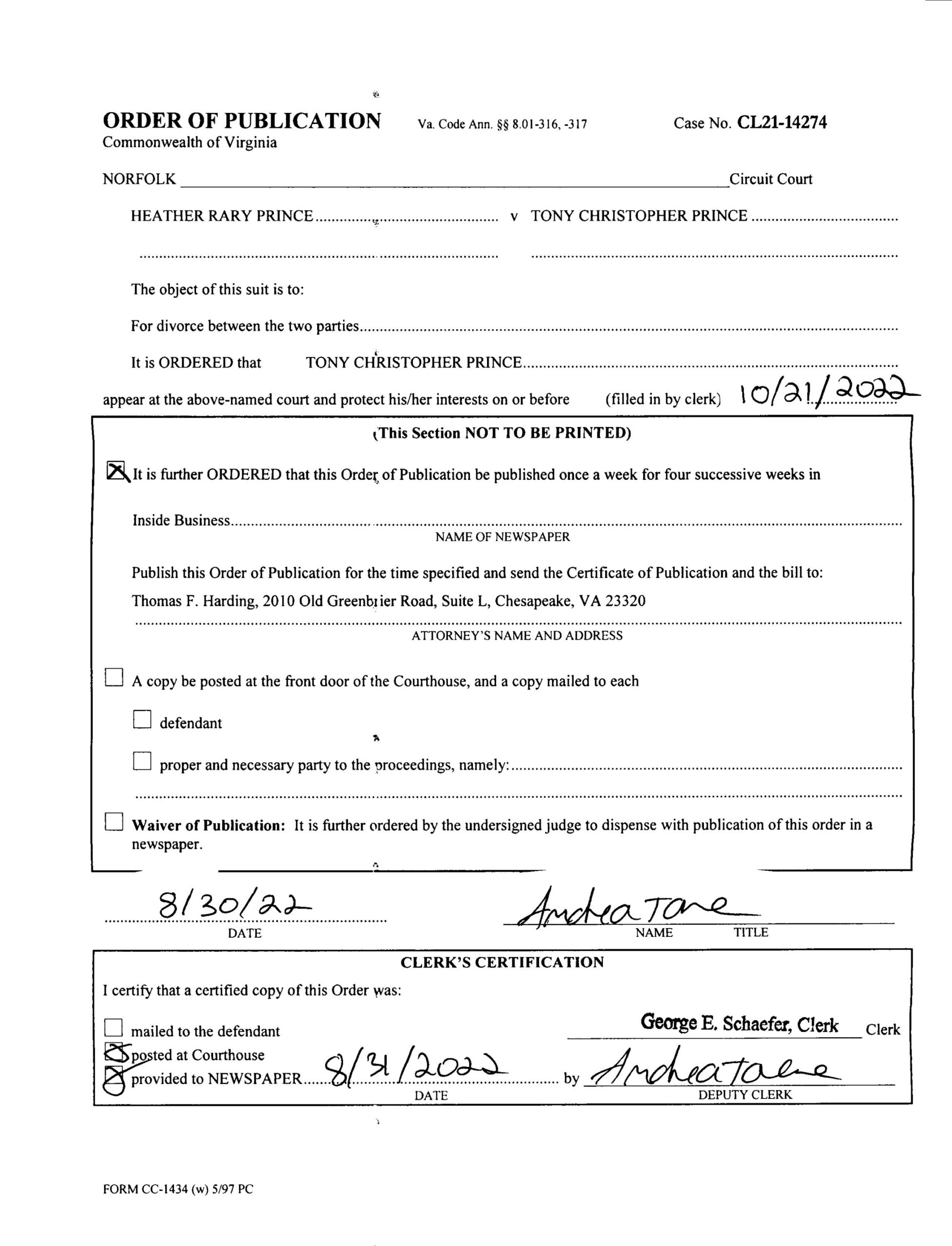 CL21-14274 ORDER OF PUBLICATION