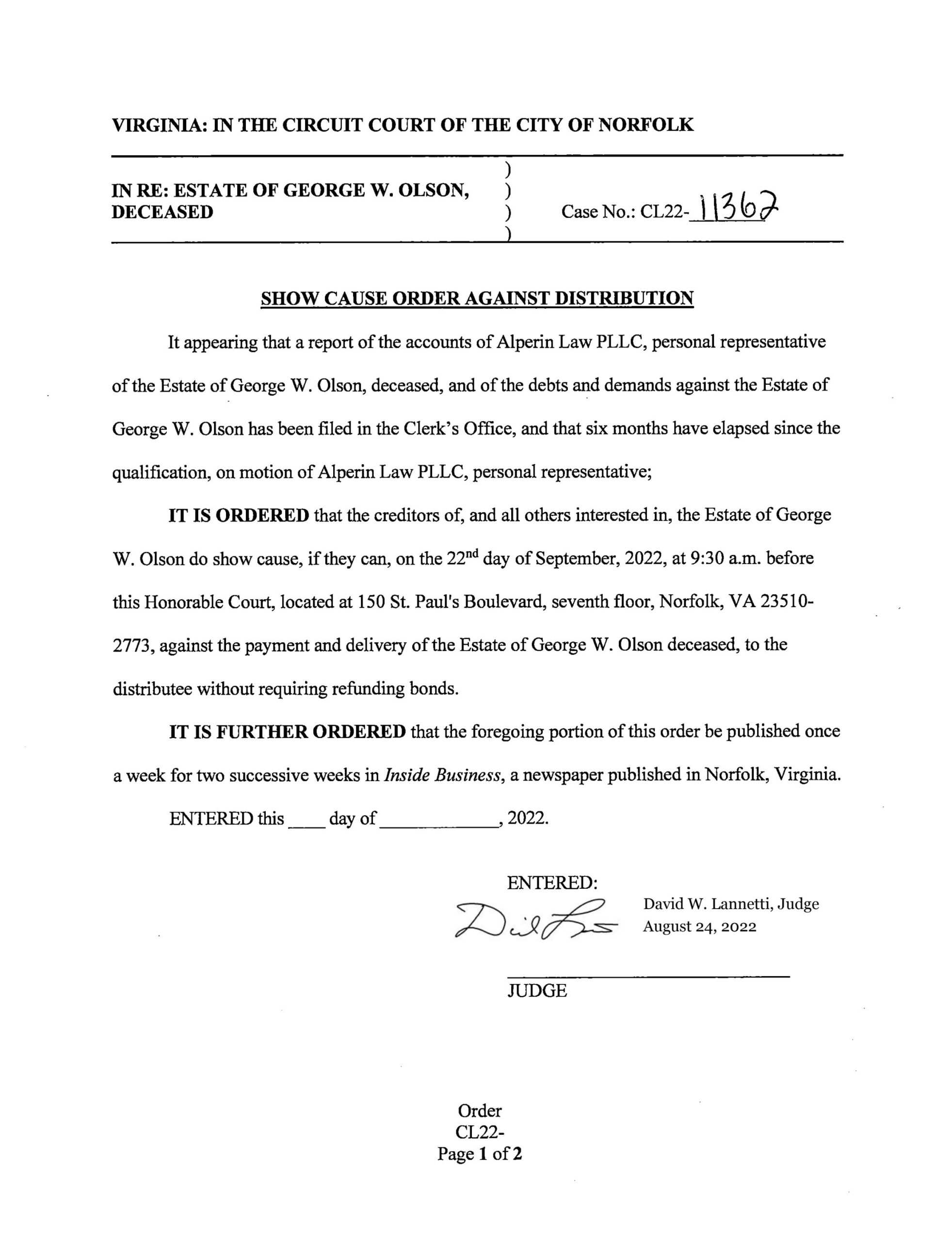 CL22-11362 Show Cause Order