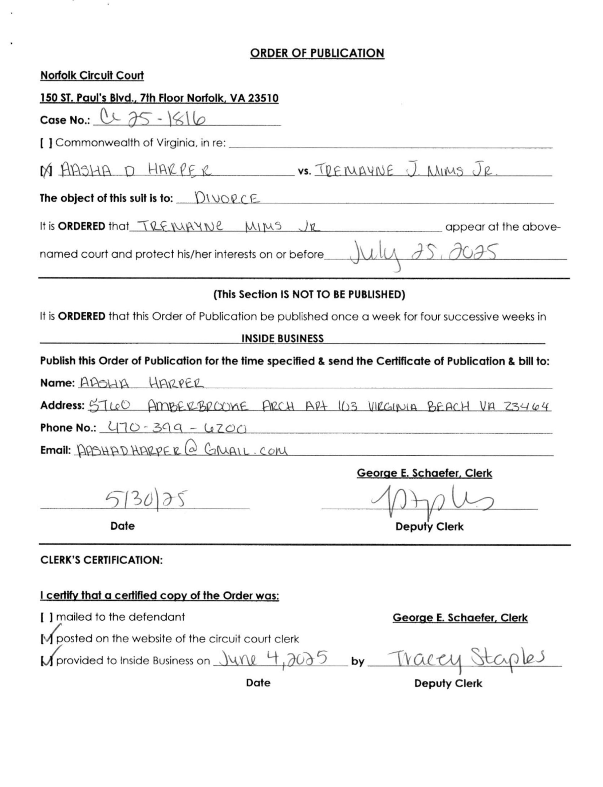 CL 25-1816 Aasha Harper vs. Tremayne Mim, JrOrder of Publication