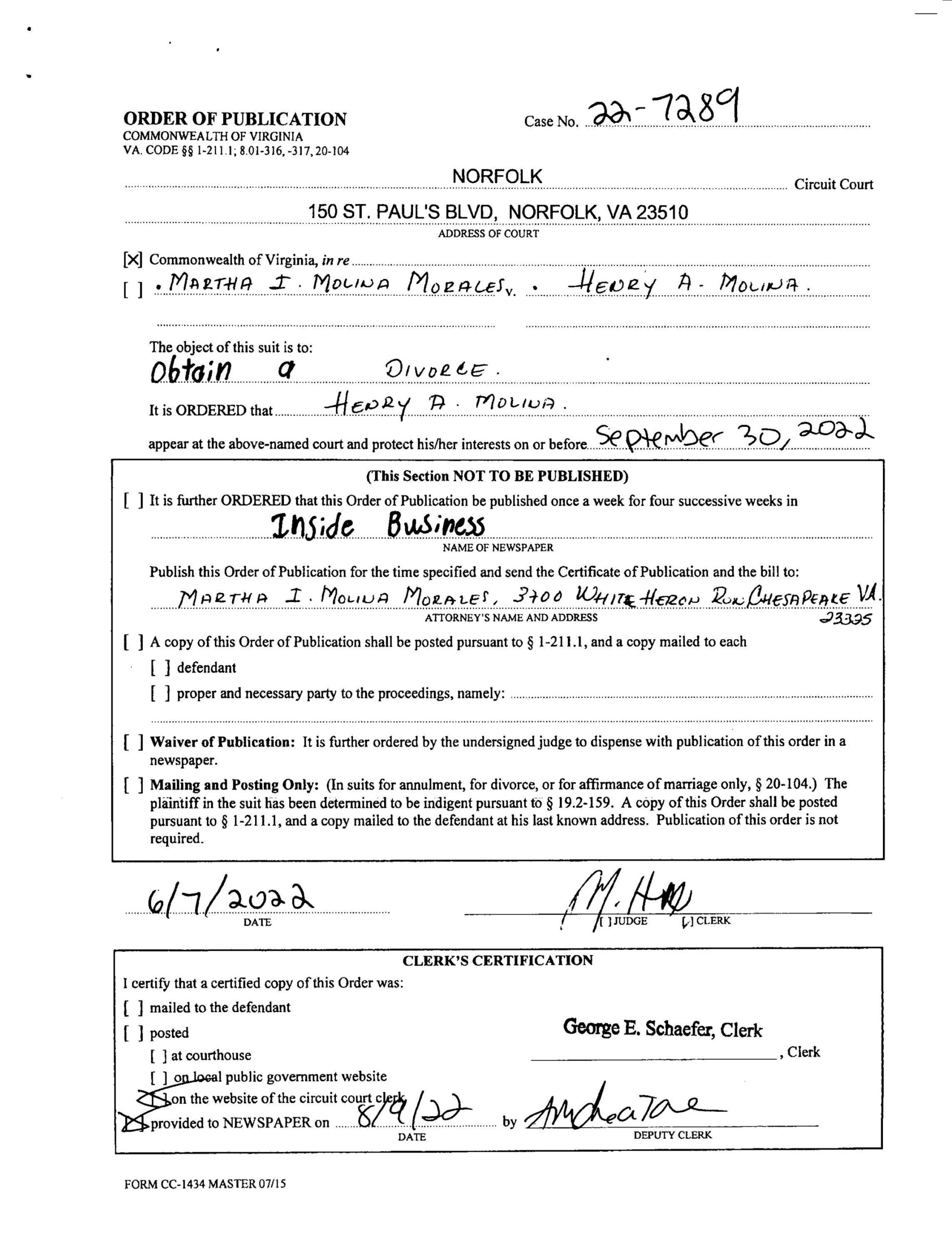 CL22-7289 ORDER OF PUBLICATION