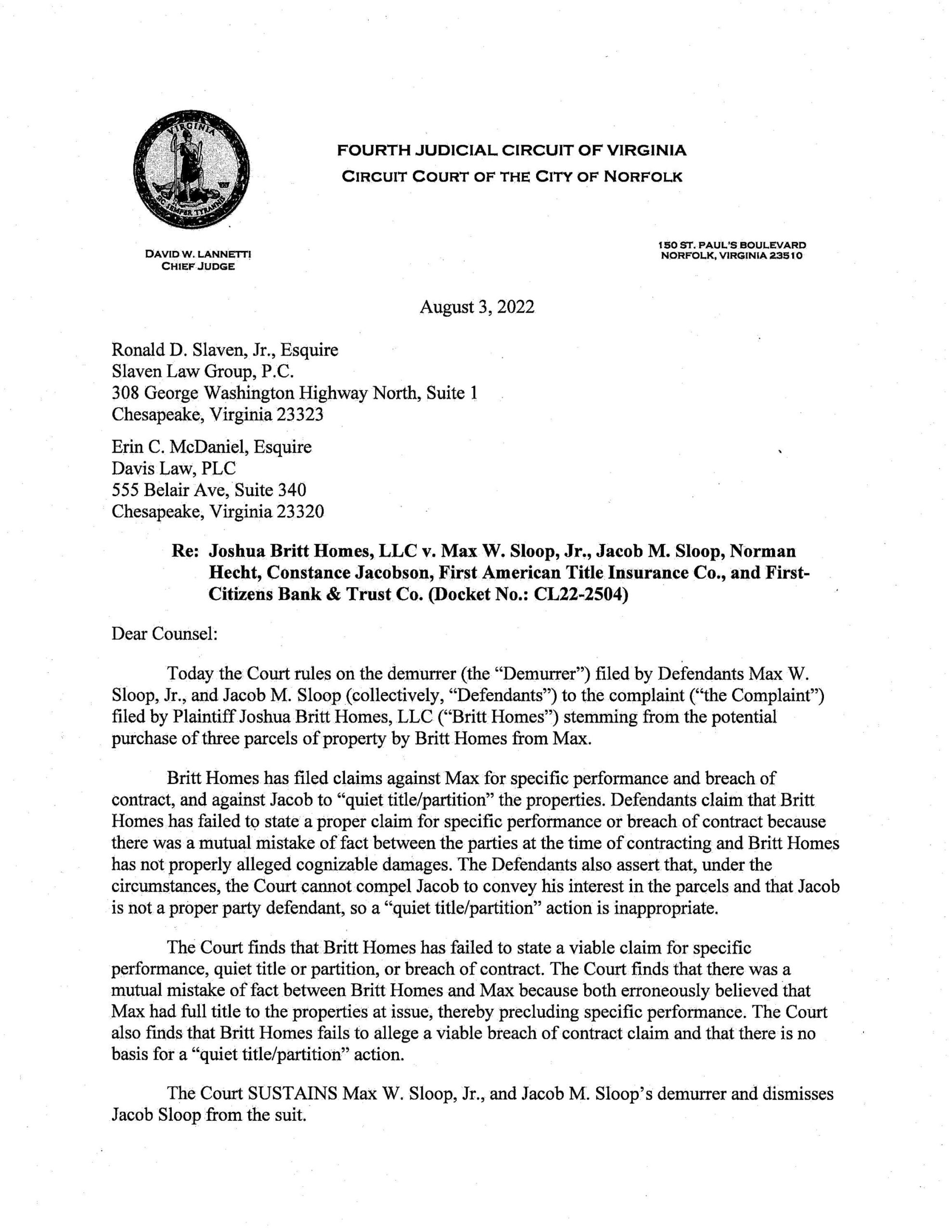 Joshua Britt Homes, LLC v. Max W. Sloop, Jr., et al.