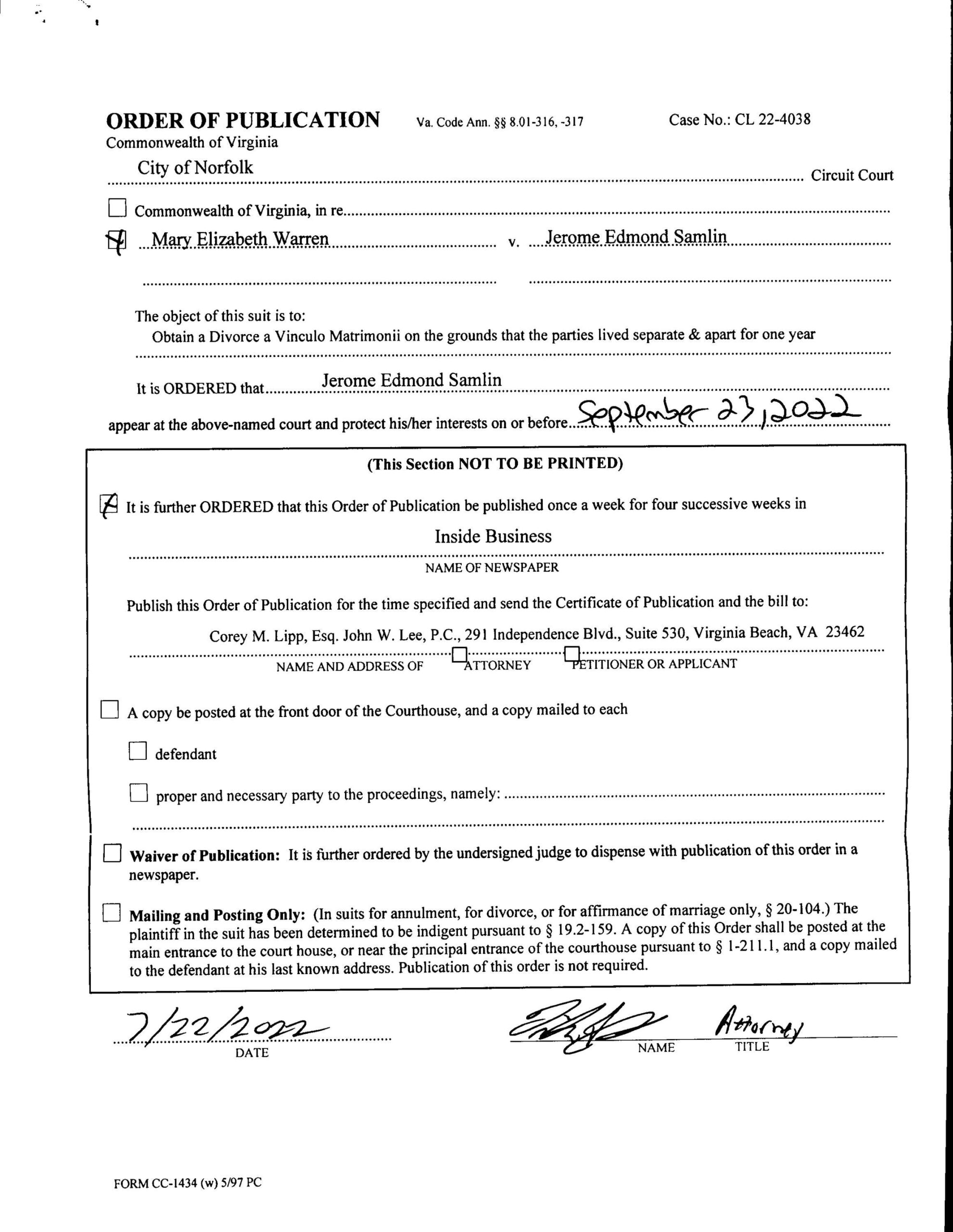 ORDER OF PUBLICATION CL22-4038