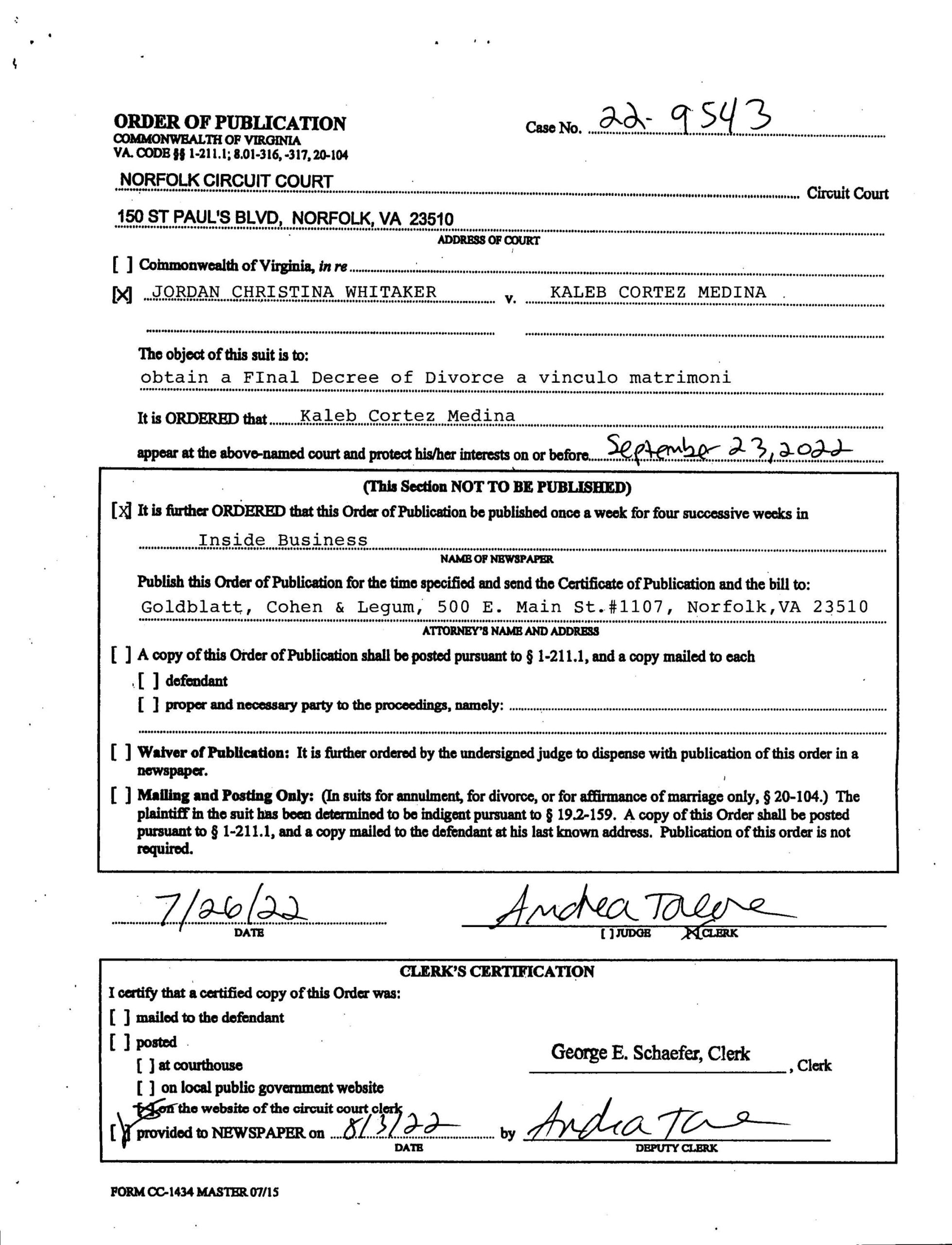 ORDER OF PUBLICATION CL22-9543