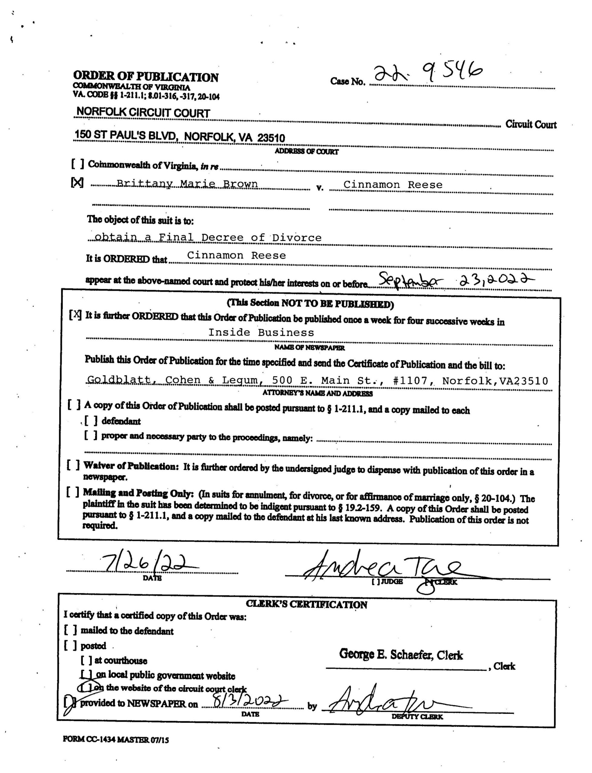 ORDER OF PUBLICATION CL22-9546