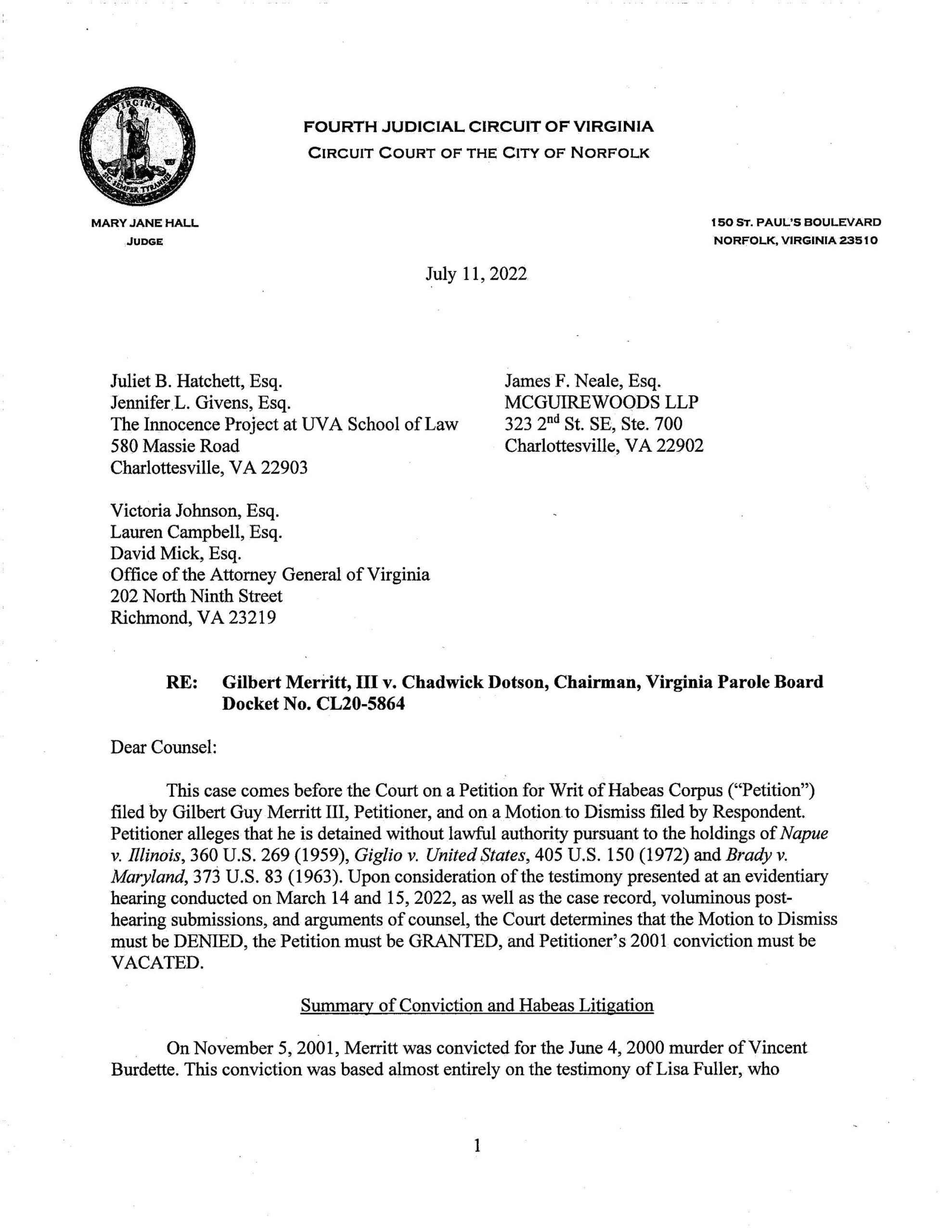 Gilbert Merritt, III v. Chadwick Dotson, Chairman, Virginia Parole Board