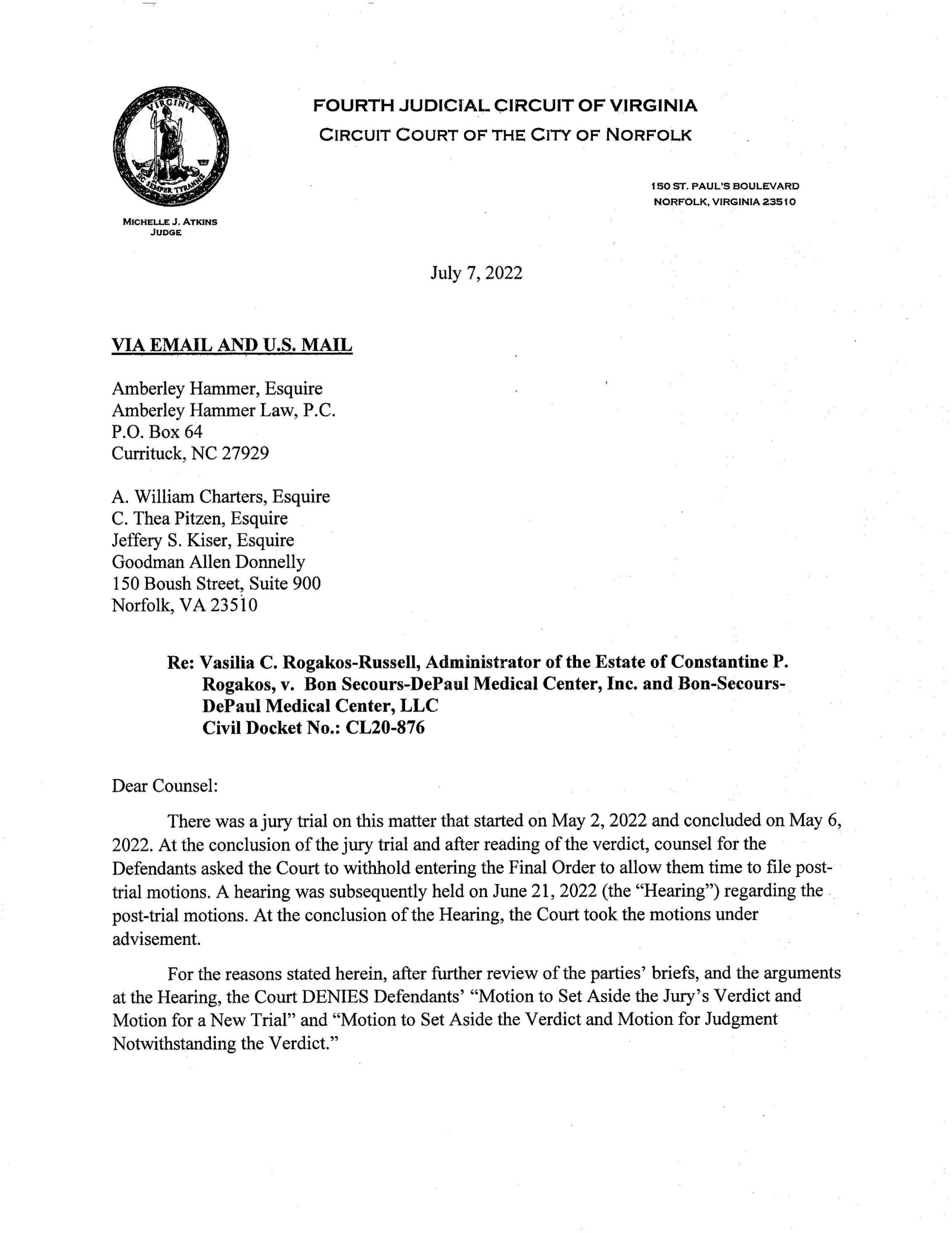 Administrator of the Estate of Constantine P. Rogakos, v.  Bon Secours-DePaul Medical Center