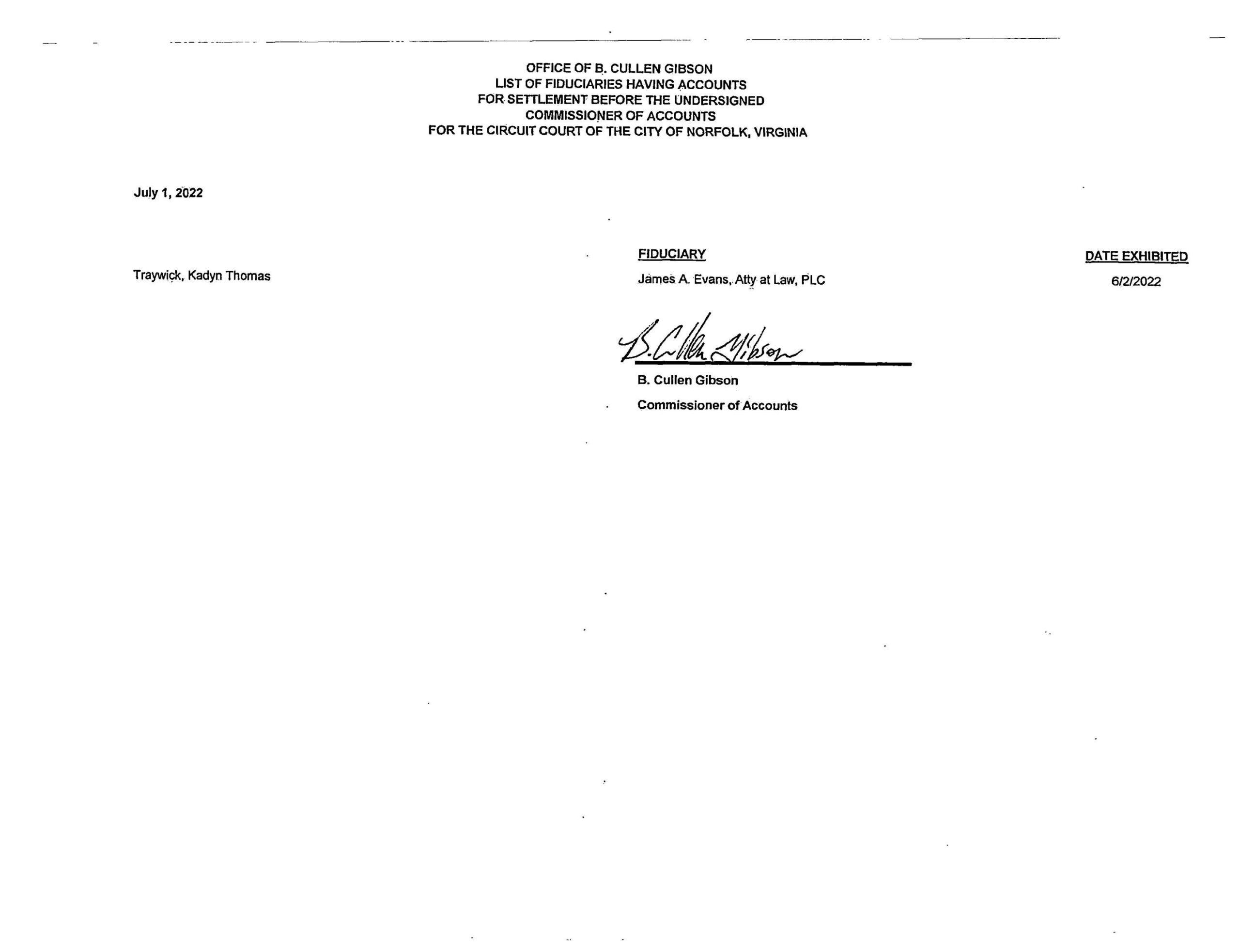 B. CULLEN GIBSON COMMISSIONER OF ACCOUNTS/FIDUCIARY LIST
