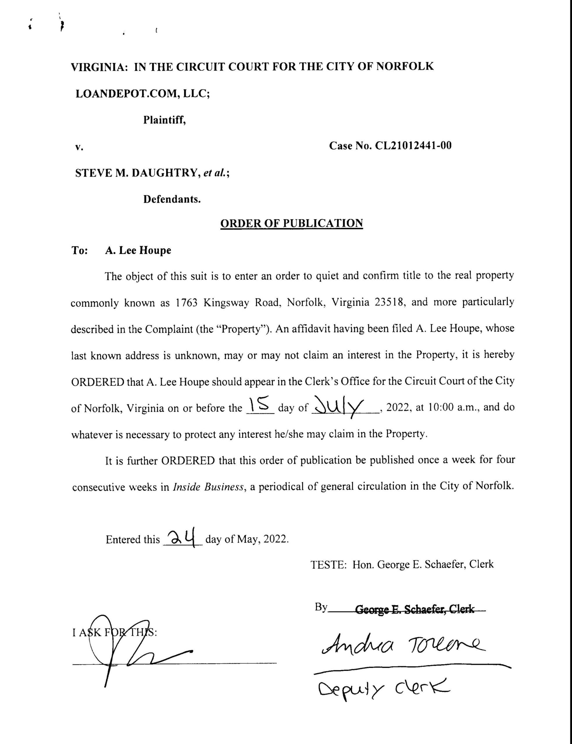CL21-12441 ORDER OF PUBLICATION