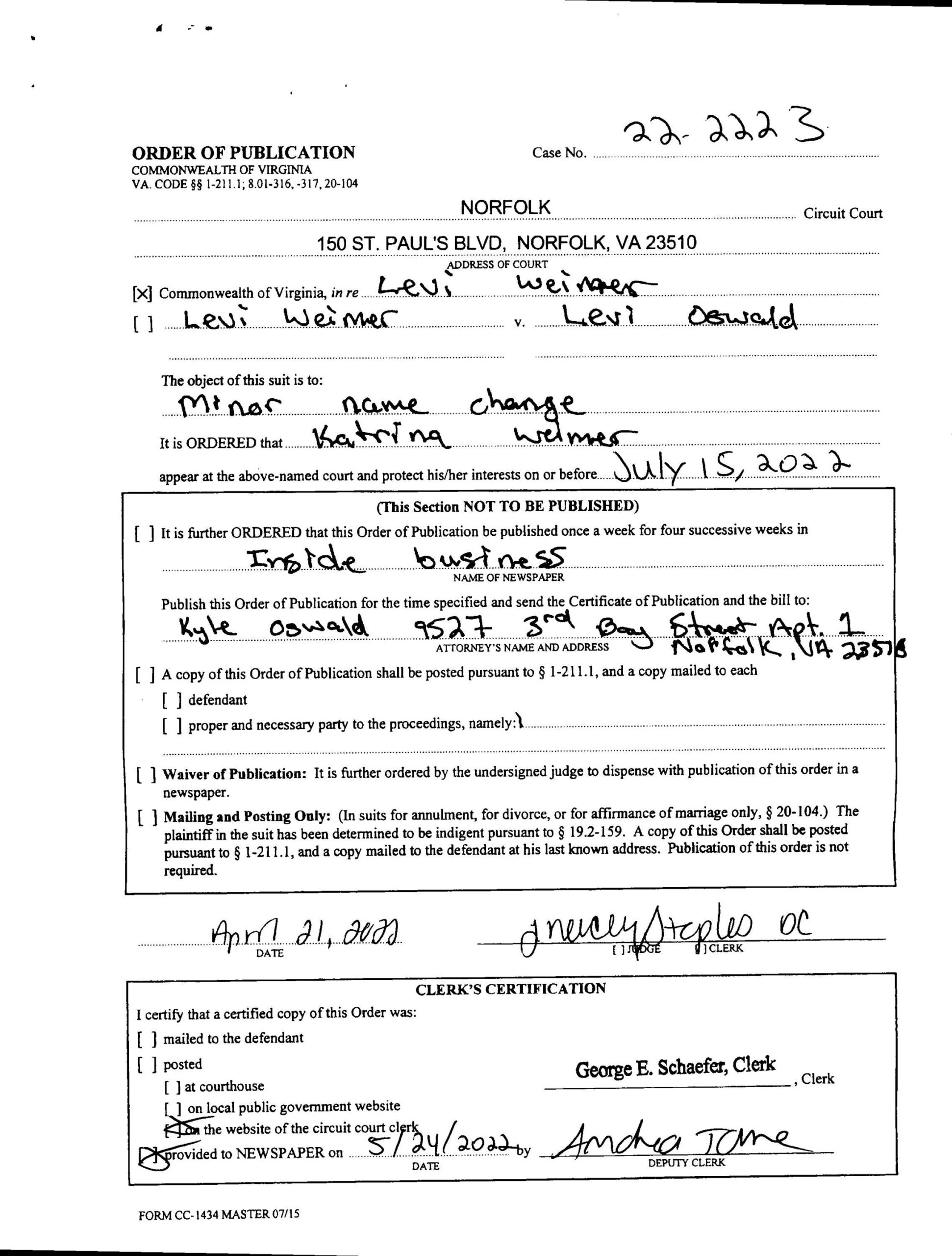 CL22-2223 ORDER OF PUBLICATION