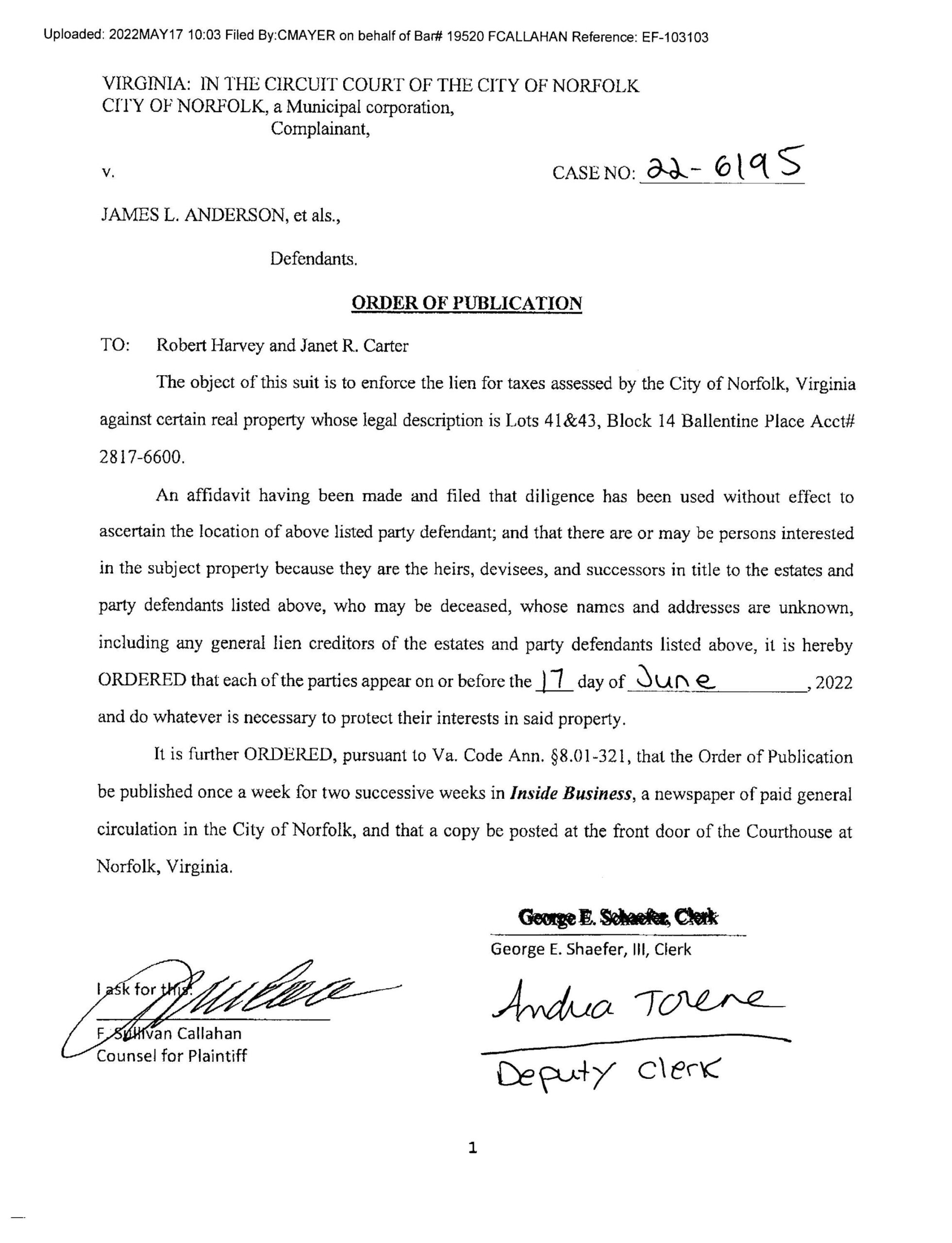 CL22-6195 ORDER OF PUBLICATION